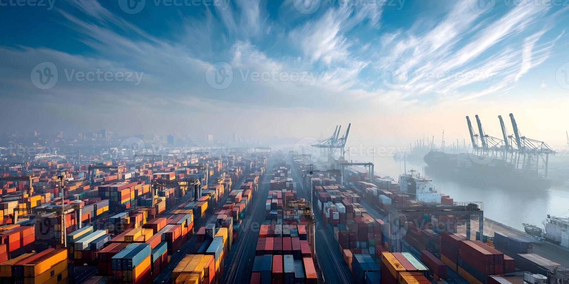 Aerial View Busy International Cargo Shipping Port Container Terminal photo