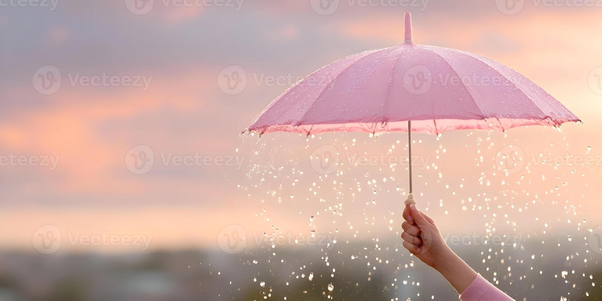 Pink Umbrella Rain Drops Sunset Sky Background Image photo
