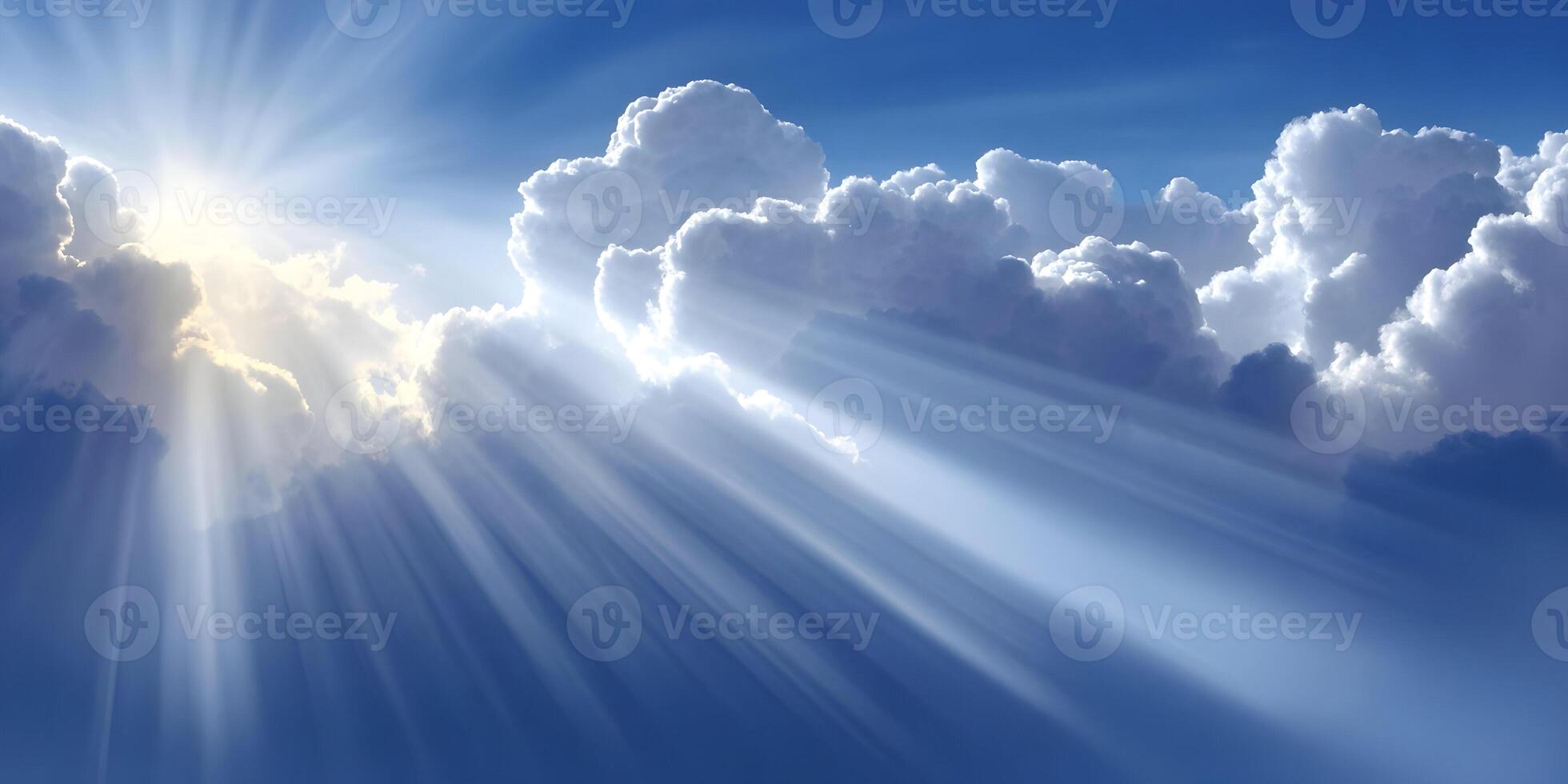 Bright Sunlight Rays Shining Through Clouds Heavenly Scene photo