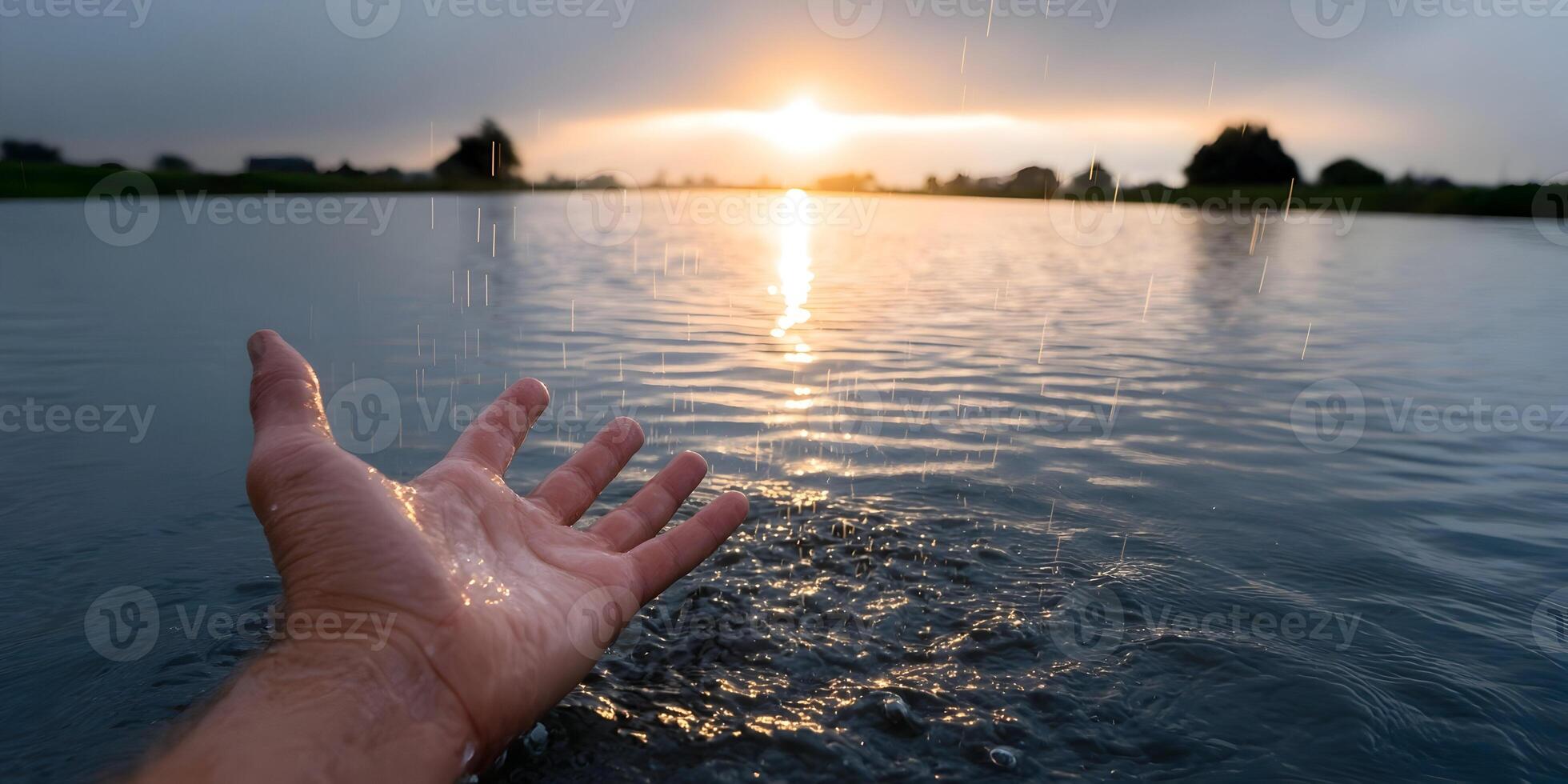 Hand Reaching for Sunset Water Rain Drops Calm Lake photo
