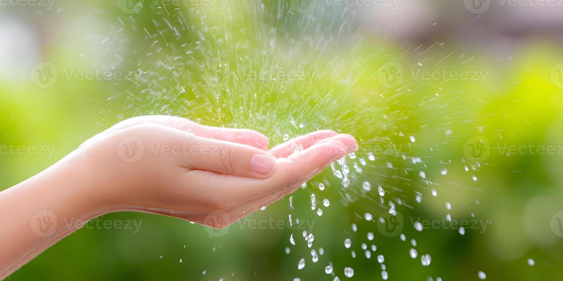 Female Hands Catching Fresh Water Drops Green Nature Background photo