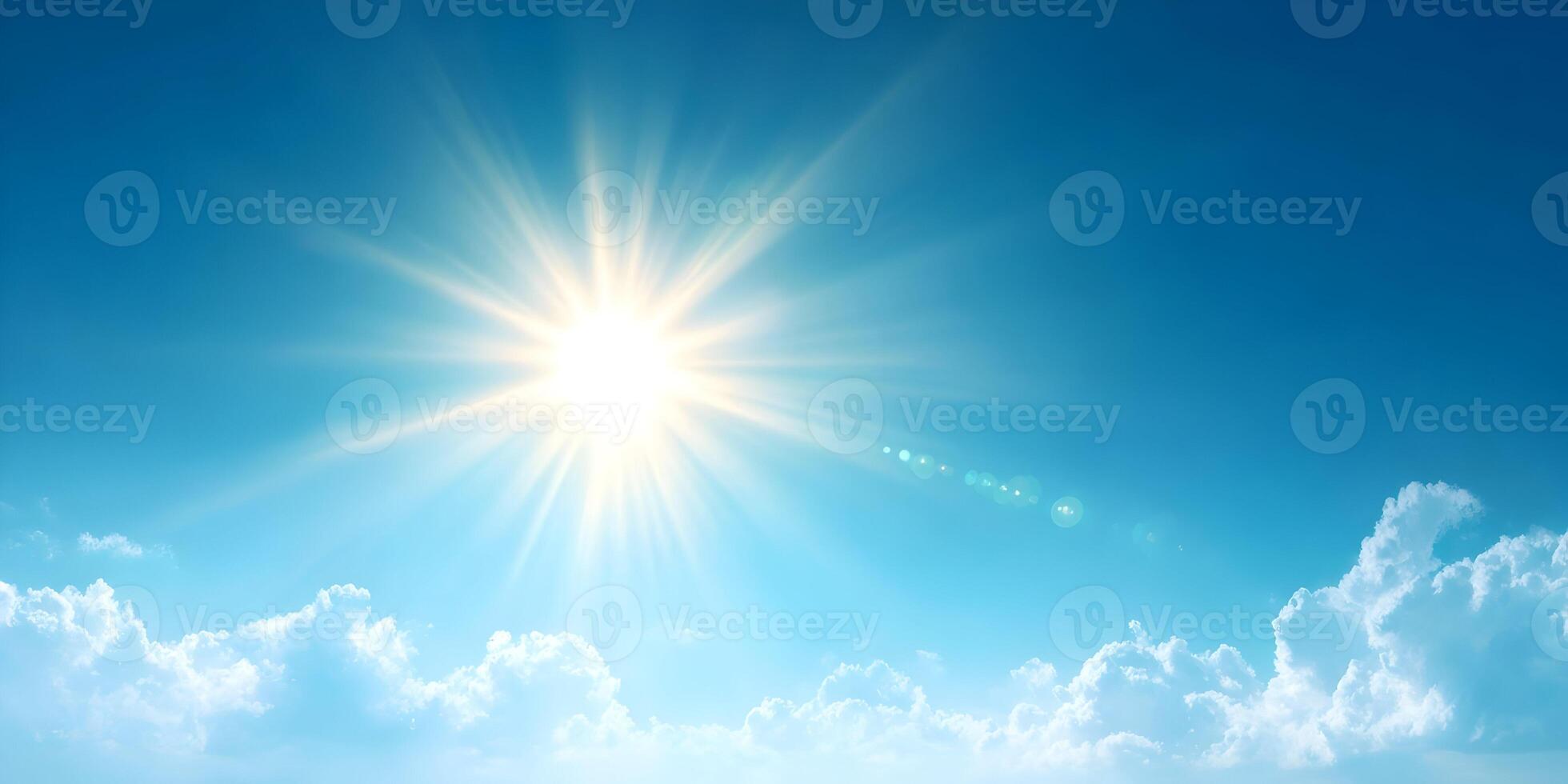 Bright Sun Shining in Blue Sky with Clouds Background Image photo