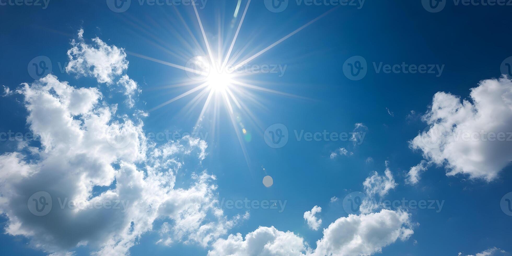 Bright Sun Shining in Blue Sky with Fluffy White Clouds Summer Daytime Scene photo