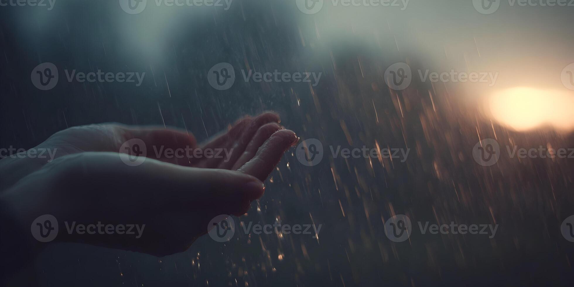 Hands Catching Rain Drops During Sunset Soft Light Rainy Day Image photo