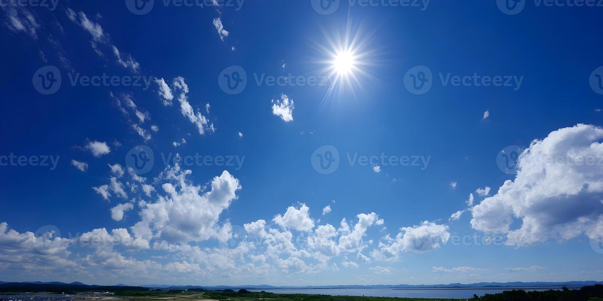 Bright Sunny Day Landscape Blue Sky with Fluffy White Clouds and Distant Green Land photo