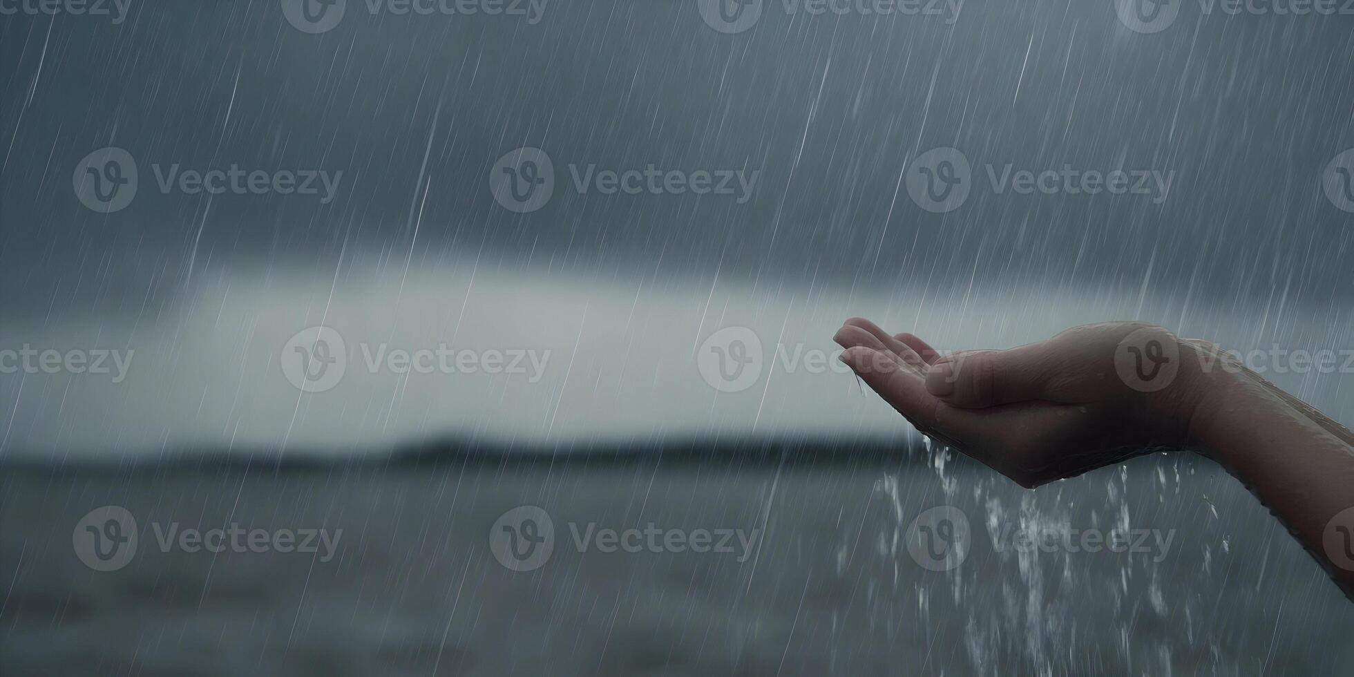 Hand Catching Rain Drops During Storm Over Water photo