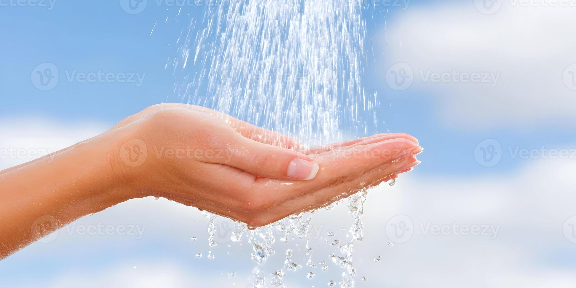 Woman Hands Catching Falling Water Drops Blue Sky Background photo