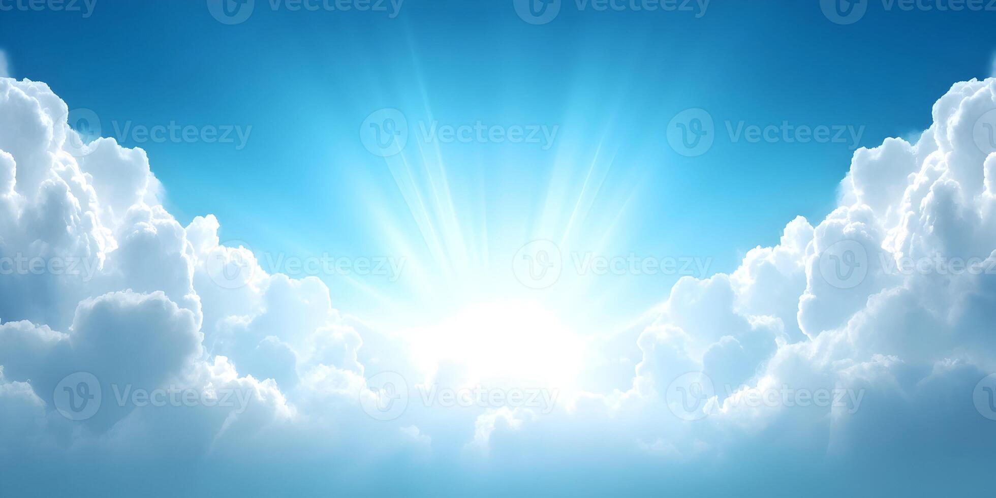 Bright Sunlight Rays Shining Through Clouds Heavenly Light Blue Sky Background photo