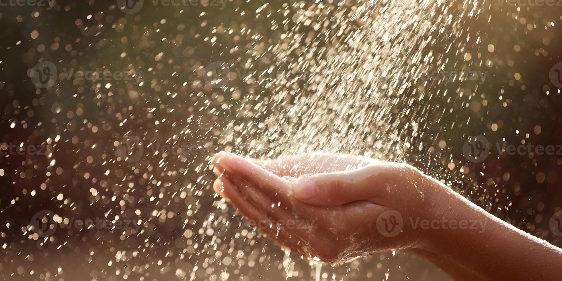 Closeup Hands Catching Falling Water Drops Sunlight Sparkling photo