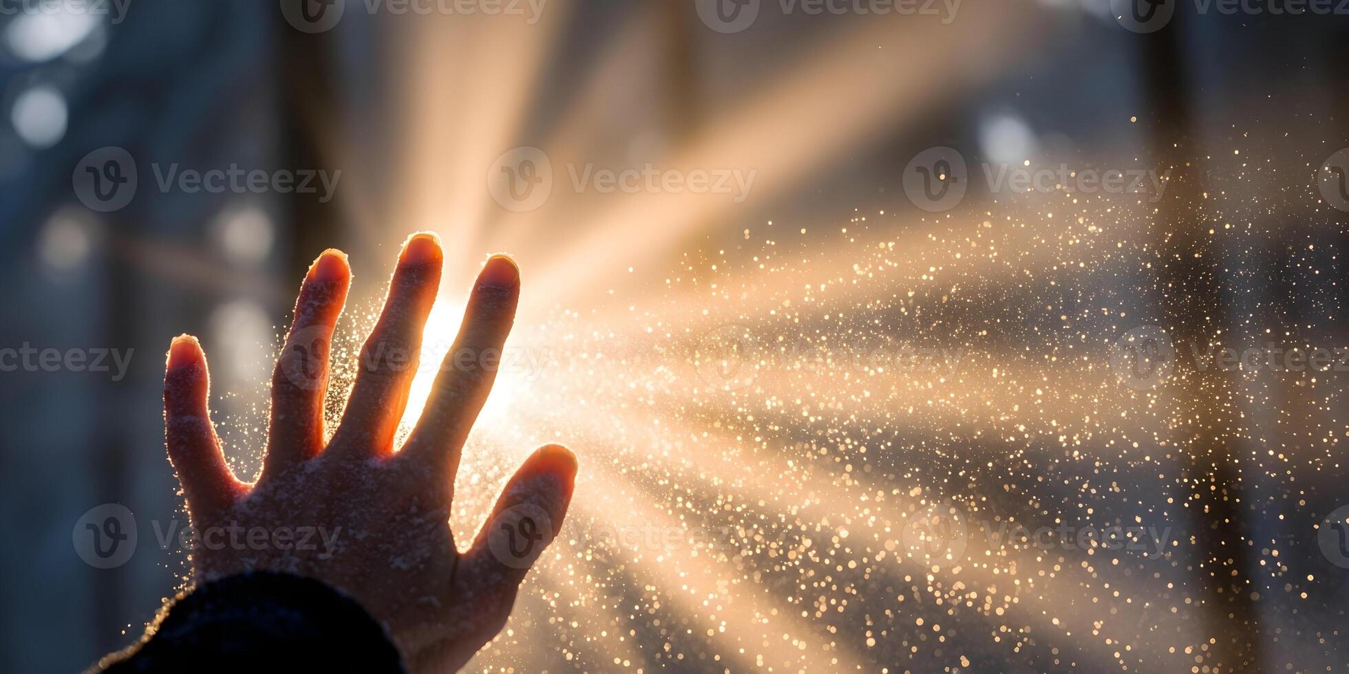 Hand Reaching for Sunlight Winter Snow Golden Rays photo