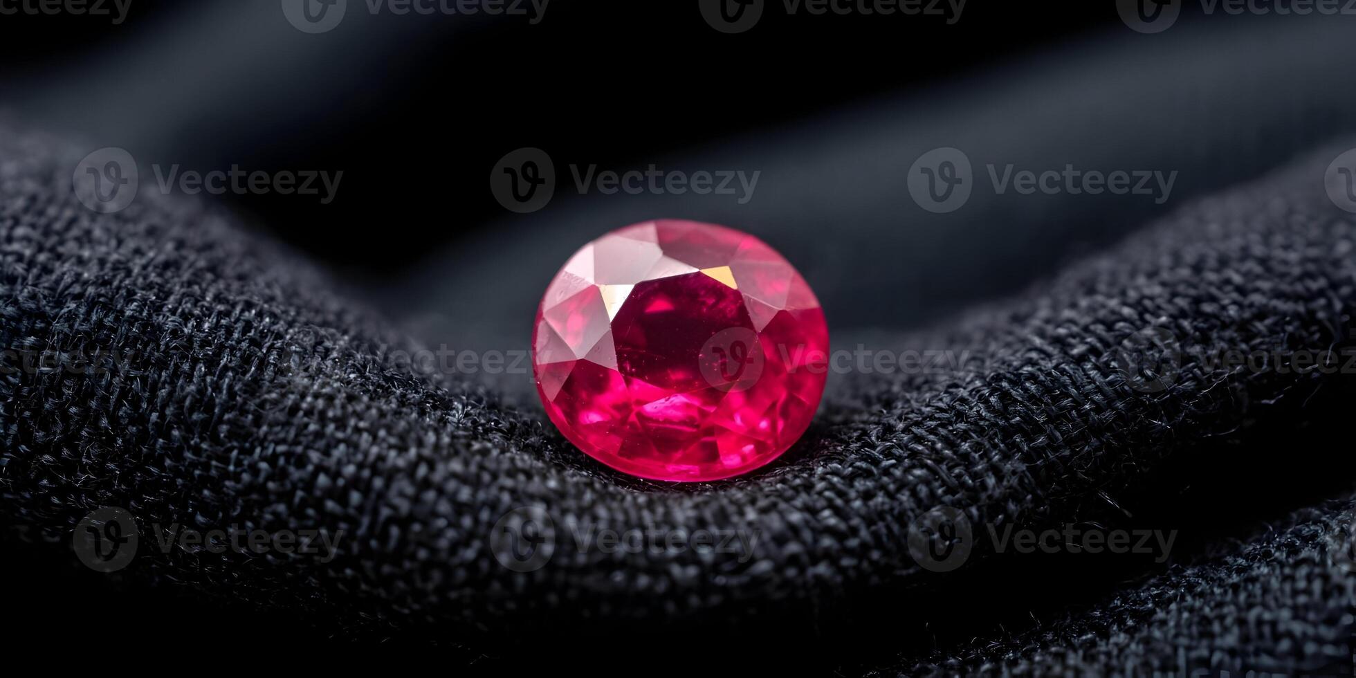 Round Brilliant Cut Red Ruby Gemstone on Dark Fabric Closeup photo