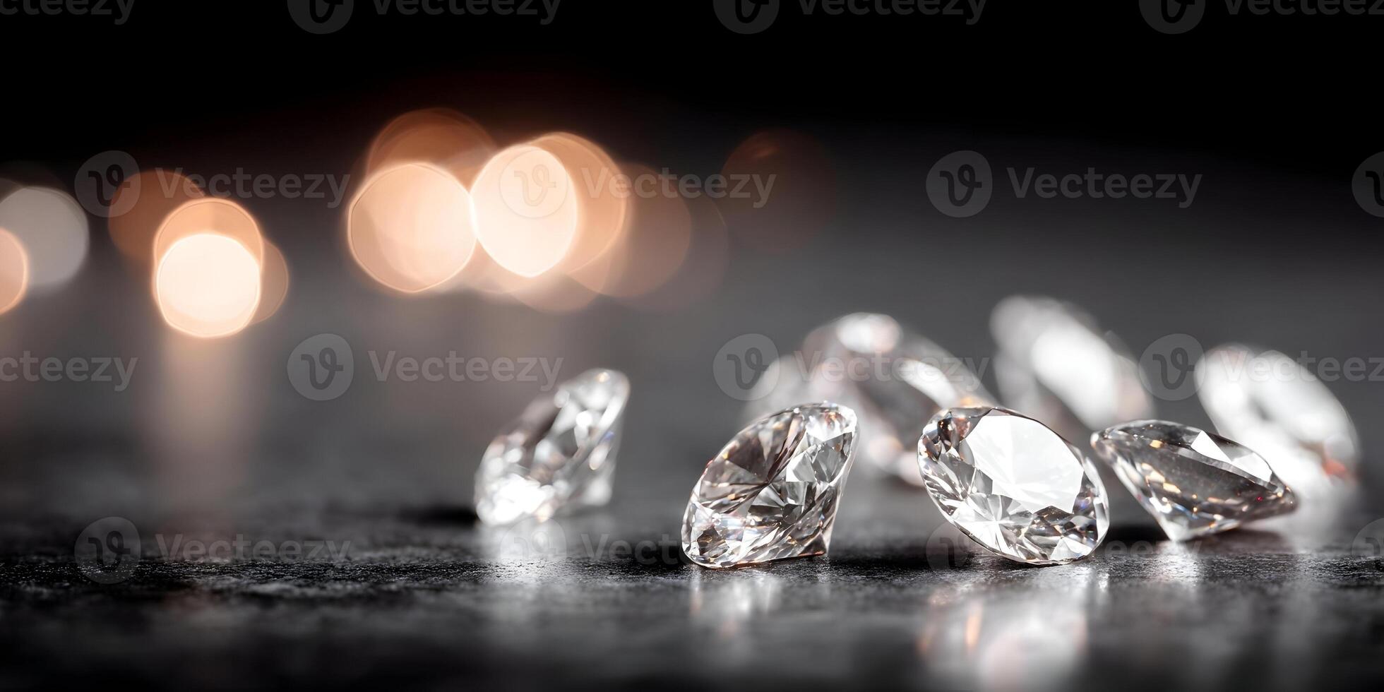 Brilliant Cut Diamonds on Dark Surface with Bokeh Lights photo