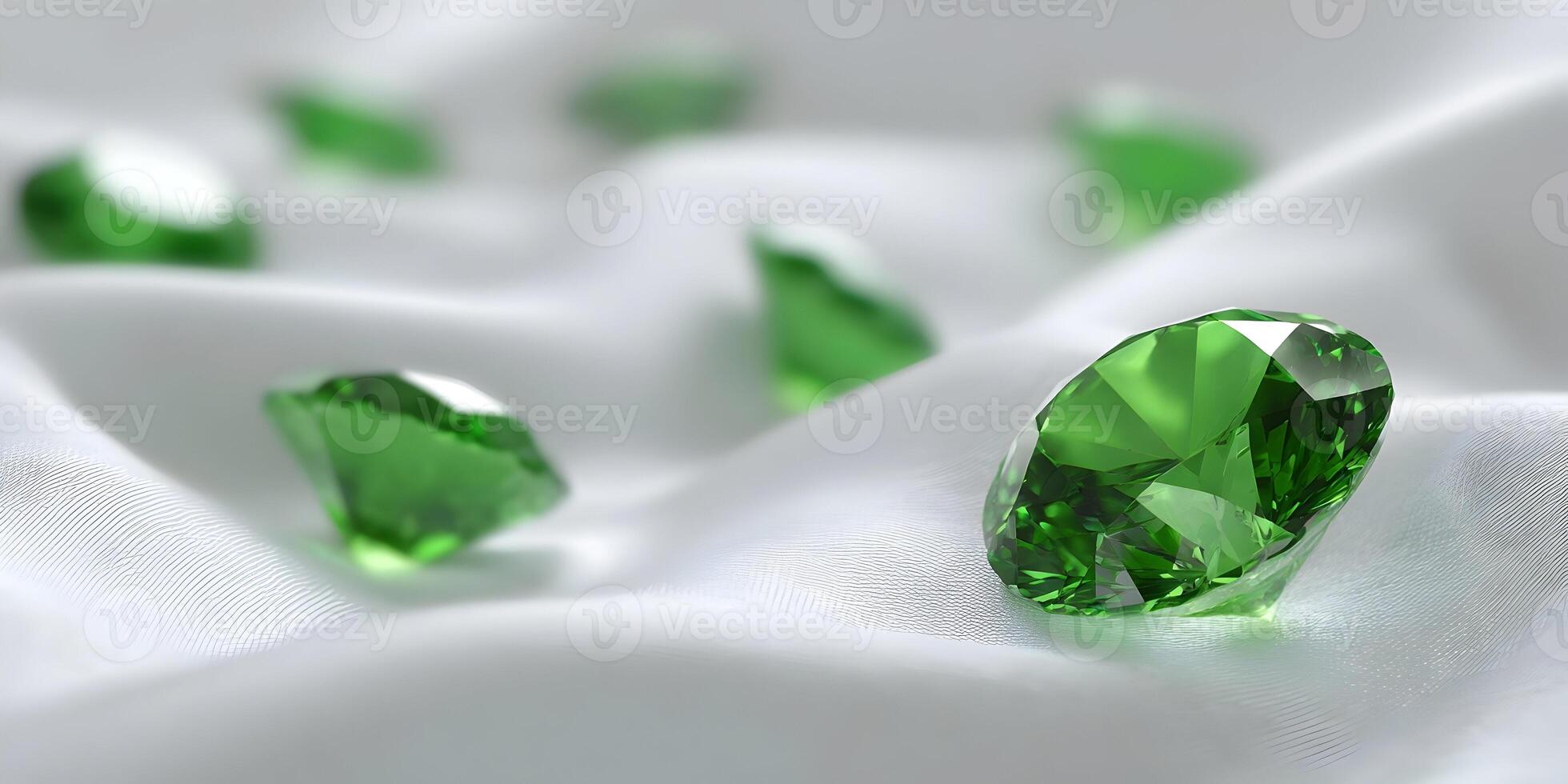 Brilliant Green Emerald Gemstones on White Silk Fabric photo