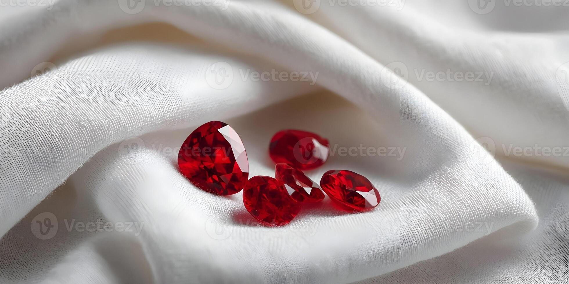 Red Gemstones on White Fabric Luxurious Ruby Jewels Pile of Shiny Precious Stones photo