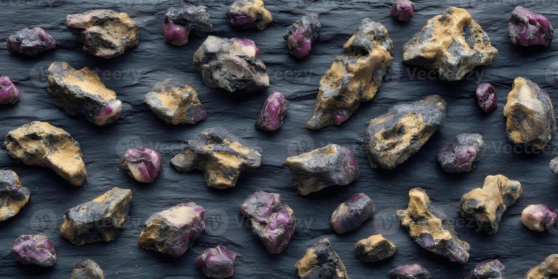 Raw Purple Ruby Stones on Dark Grey Slate Background photo