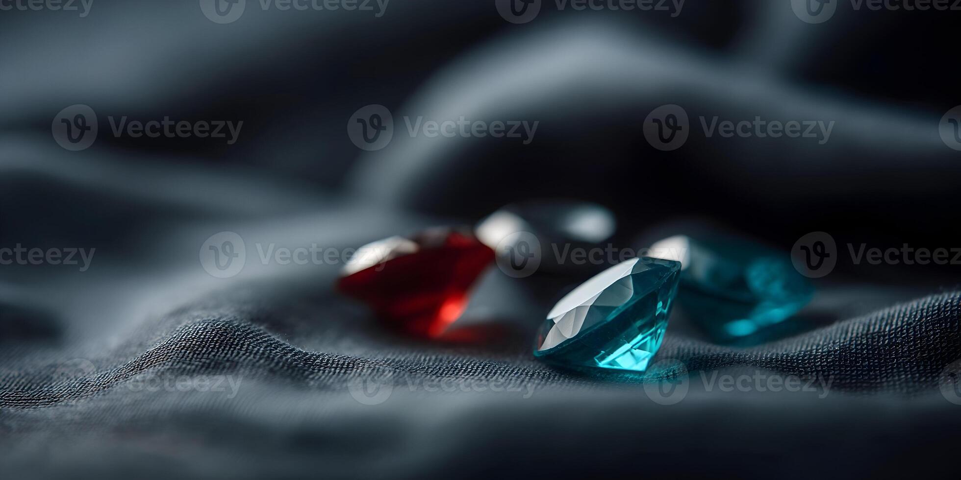 Closeup of Red and Blue Gemstones on Dark Fabric Luxurious Jewelry Photography photo