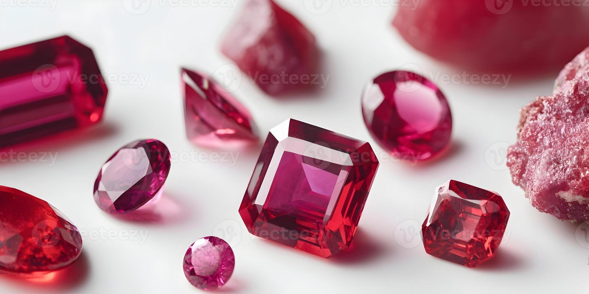 Assorted Red Ruby Gems and Crystals on White Background photo