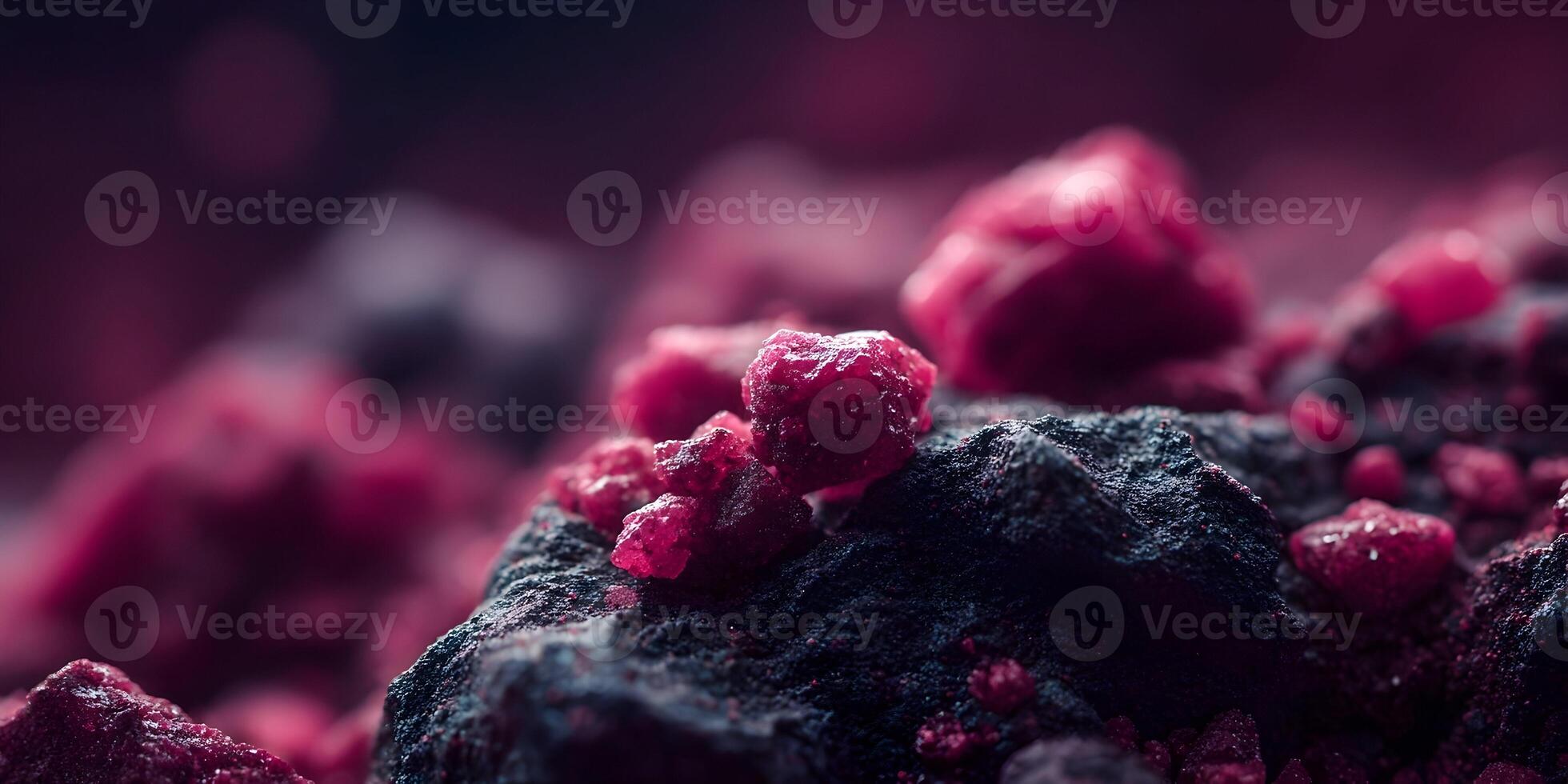 Closeup Macro Photography Dark Rock with Red Crystals Mineral Gems photo