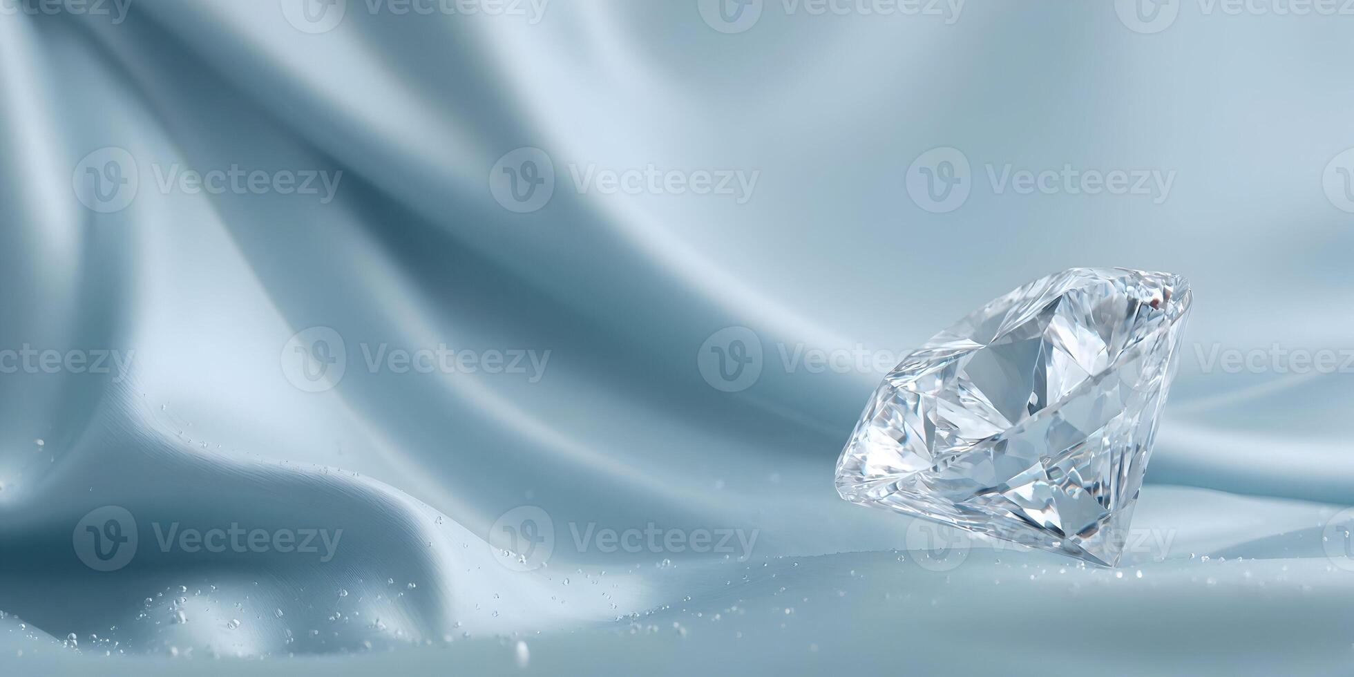 Brilliant Round Cut Diamond on Blue Silk Fabric with Water Drops photo
