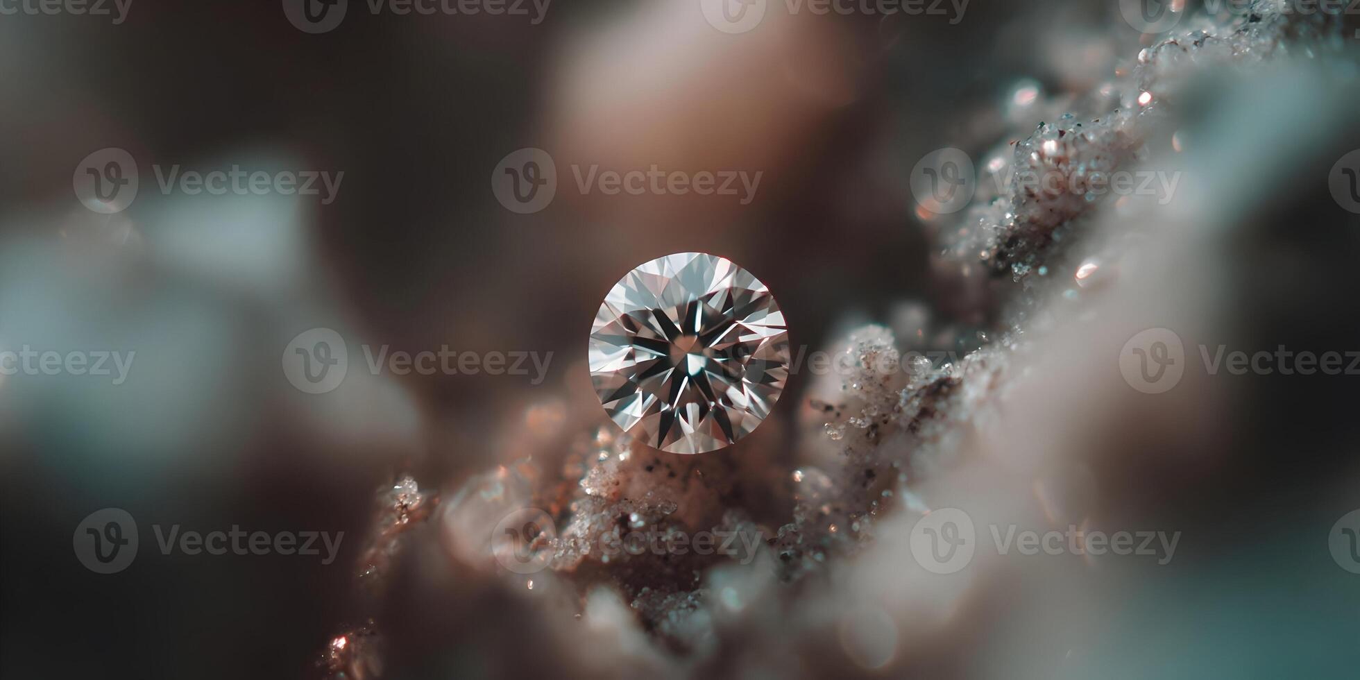 Round Brilliant Cut Diamond Gemstone on Rock Macro Photography photo
