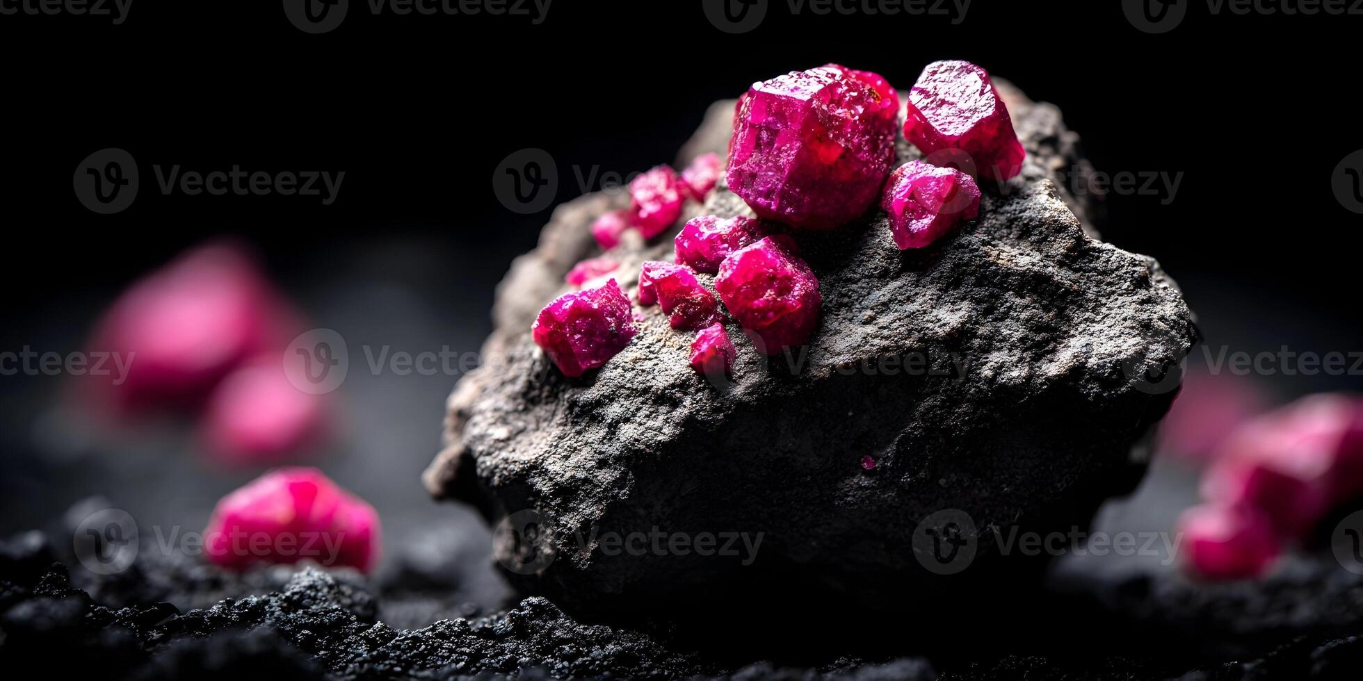 Red Ruby Crystals on Dark Rock Precious Gemstones Geology Mineral Specimen photo