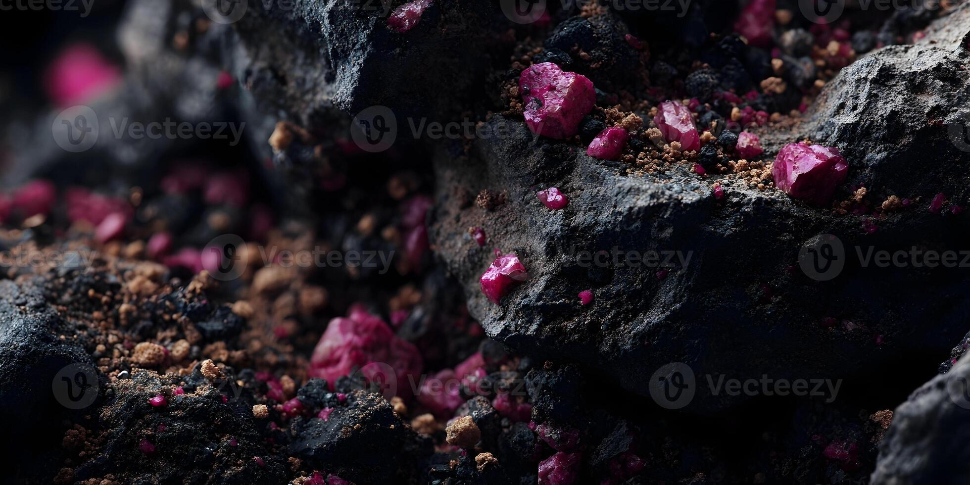 Closeup Dark Volcanic Rock Red Crystals Mineral Geology Gems photo