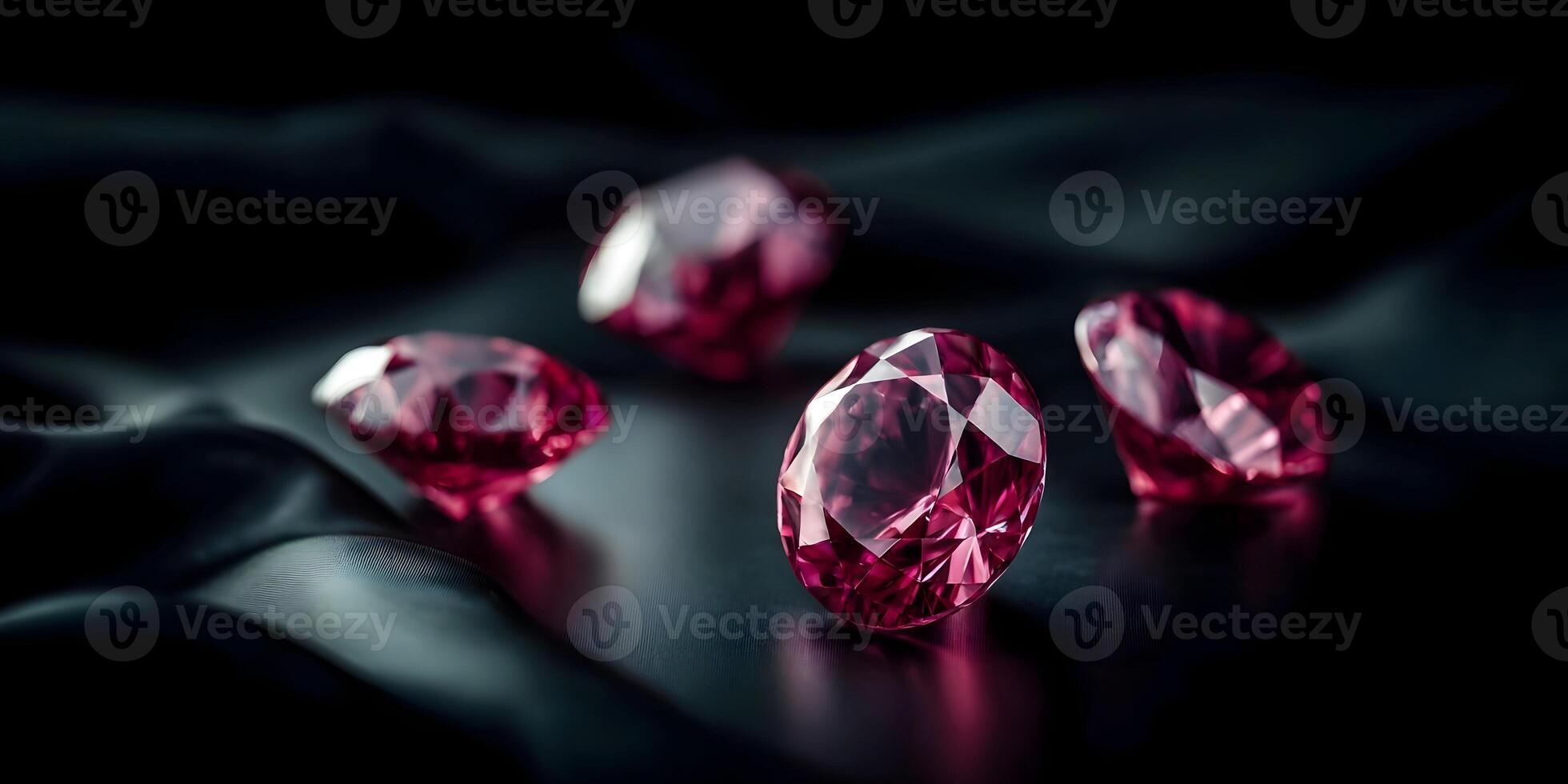 Four Pink Gemstones on Black Silk Fabric Luxury Jewel Closeup photo