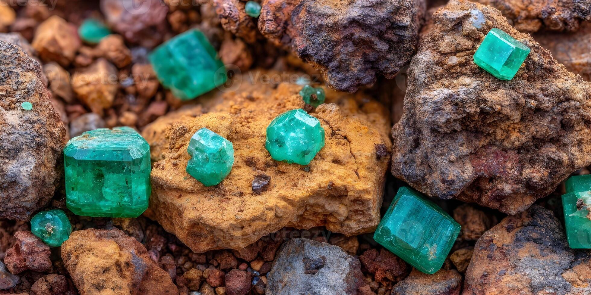 Green Emerald Crystals in Brown Rocky Formation Detailed Image photo