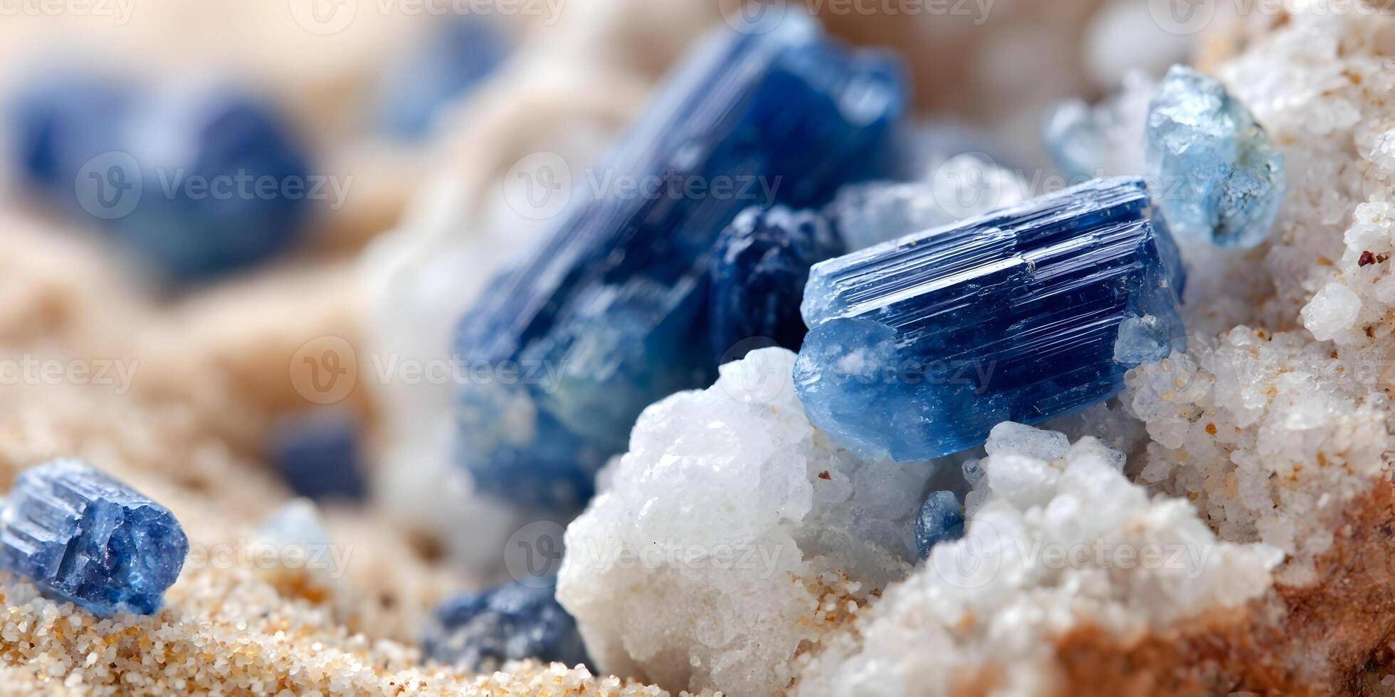 Closeup Blue Kyanite Crystals in White Quartz Sand Macro Photography photo