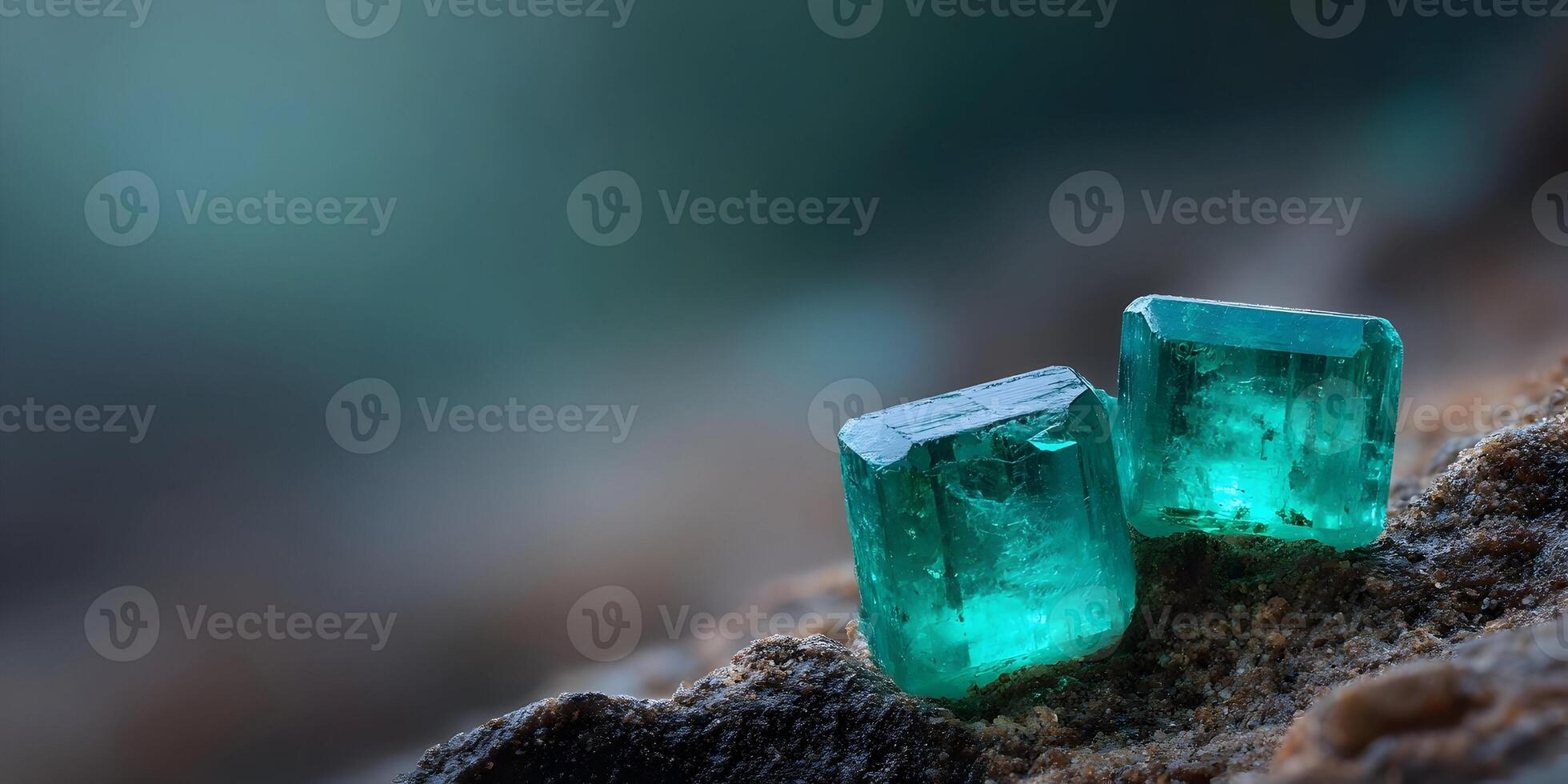 Two Emerald Crystals on Rock Surface Green Gemstones Precious Stones Geology Mineral Specimens photo