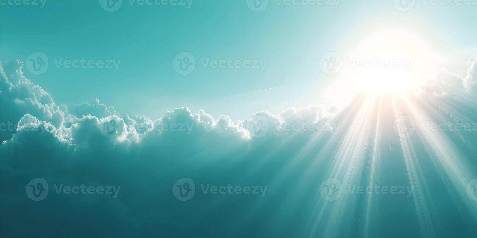 Bright Sunlight Rays Shining Through Clouds Heavenly Light Teal Sky Background photo