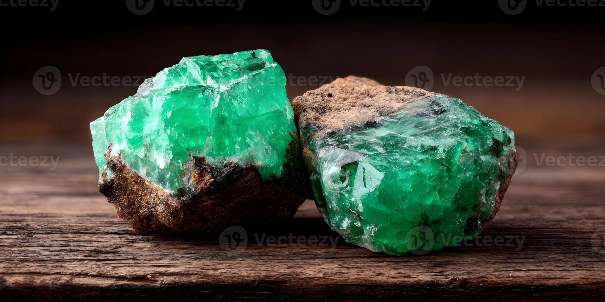 Two Emerald Gemstones on Rustic Wooden Surface Raw Emerald Crystals Natural Green Gemstones photo
