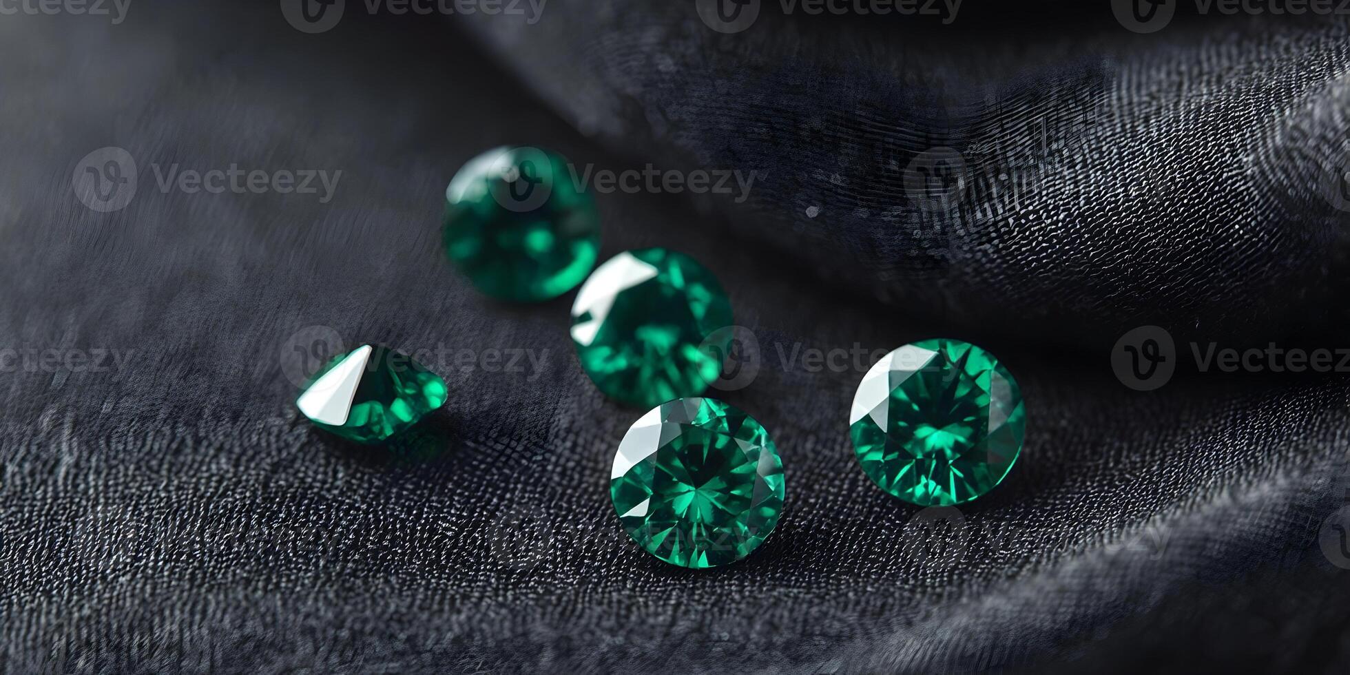 Five Emerald Gemstones on Dark Fabric Luxurious Green Emerald Jewels on Black Textile photo