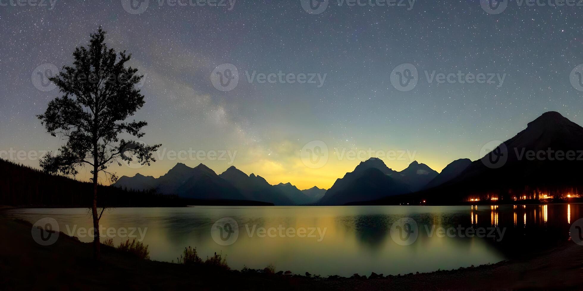 Night Landscape Milky Way over Lake and Mountains Tree Silhouette photo