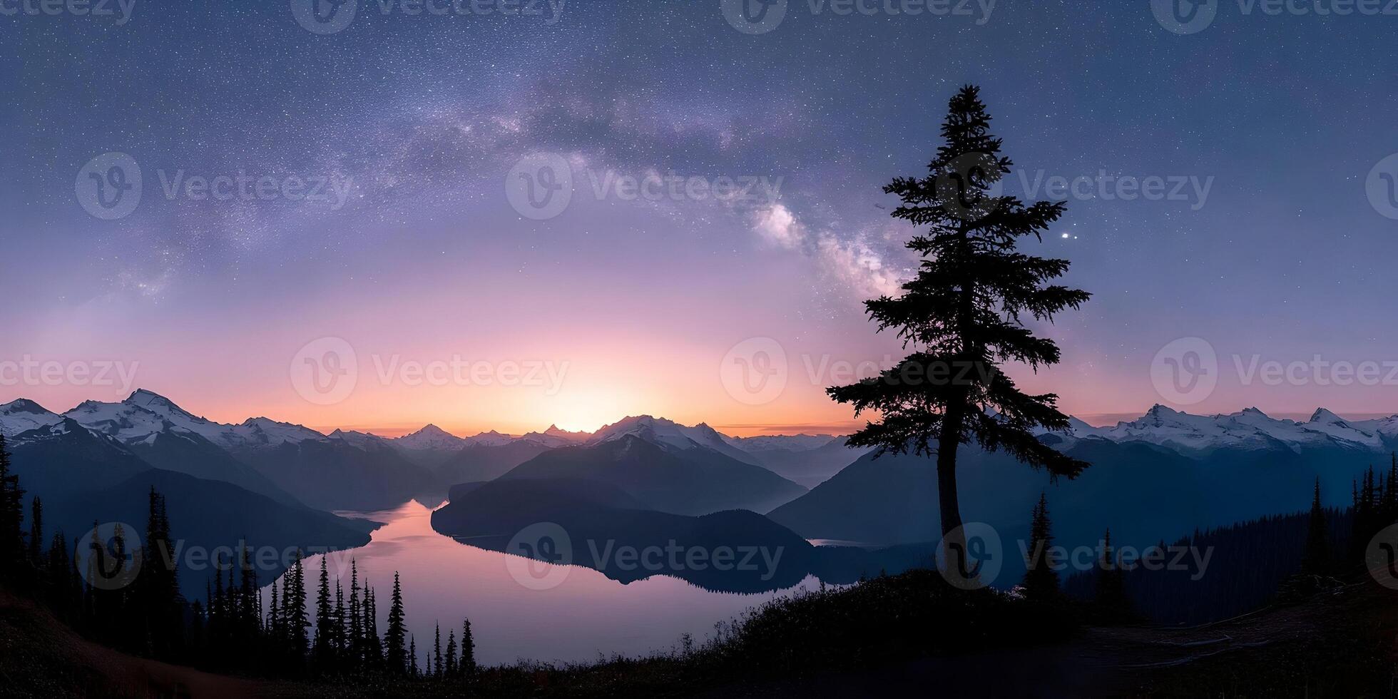 Milky Way Galaxy Over Mountains Lake and Pine Tree at Sunrise photo