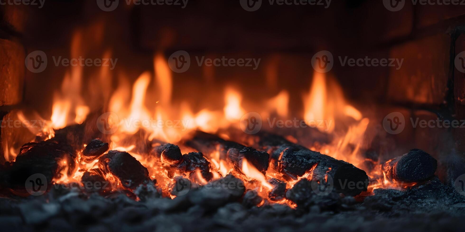 Burning Embers in Brick Fireplace Glowing Coals Warm Fire Orange Flames photo