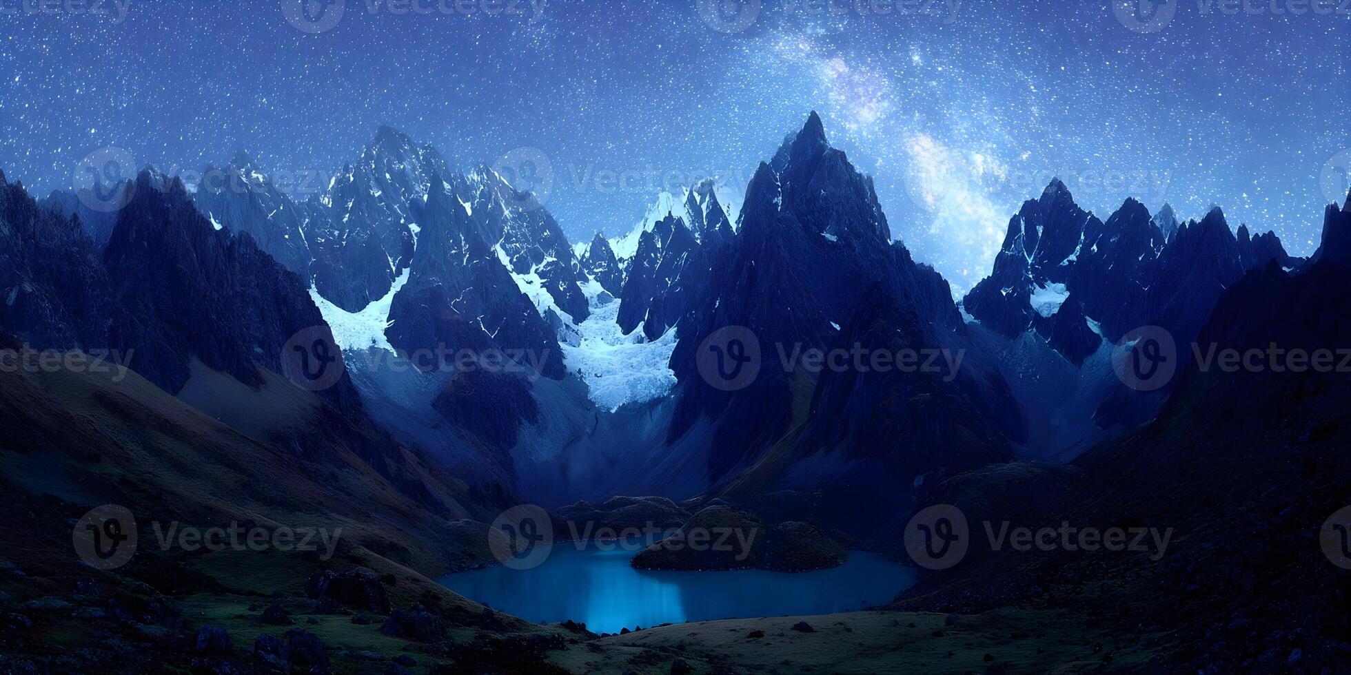 Majestic Mountain Range Night Scene Milky Way Starry Sky Lake photo