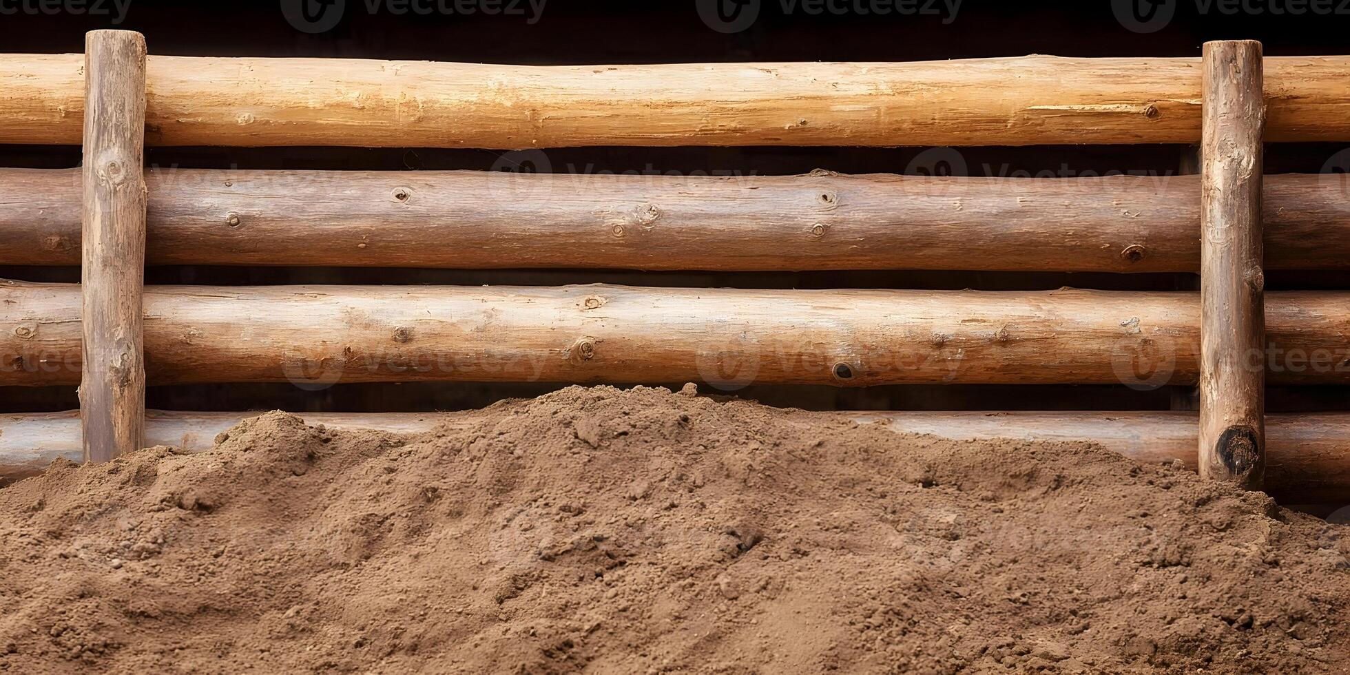 Pile of Brown Soil in Front of Wooden Log Wall photo