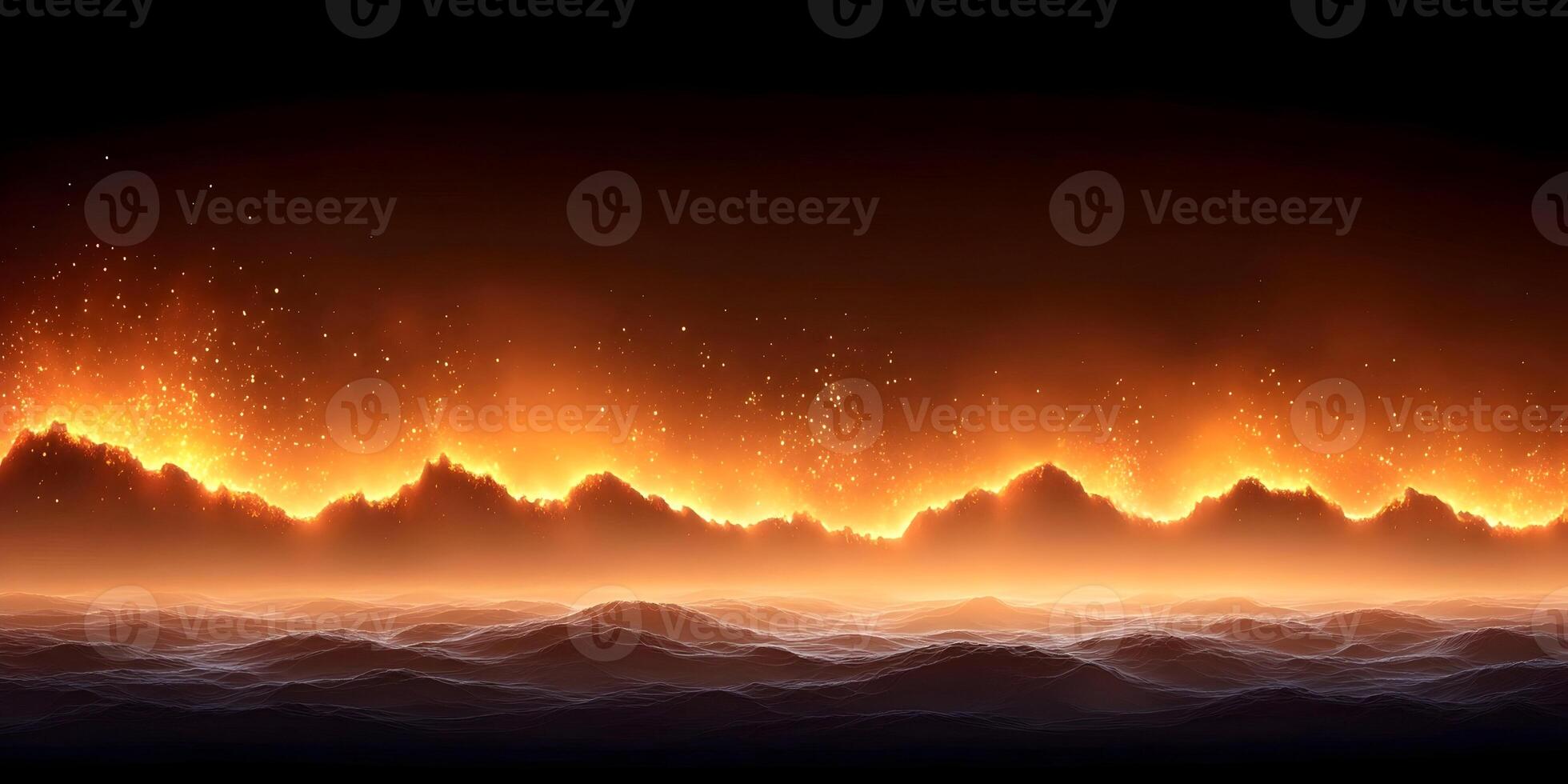 Fiery Mountain Range Over Dark Ocean Dramatic Landscape Burning Peaks Inferno Fire Embers photo