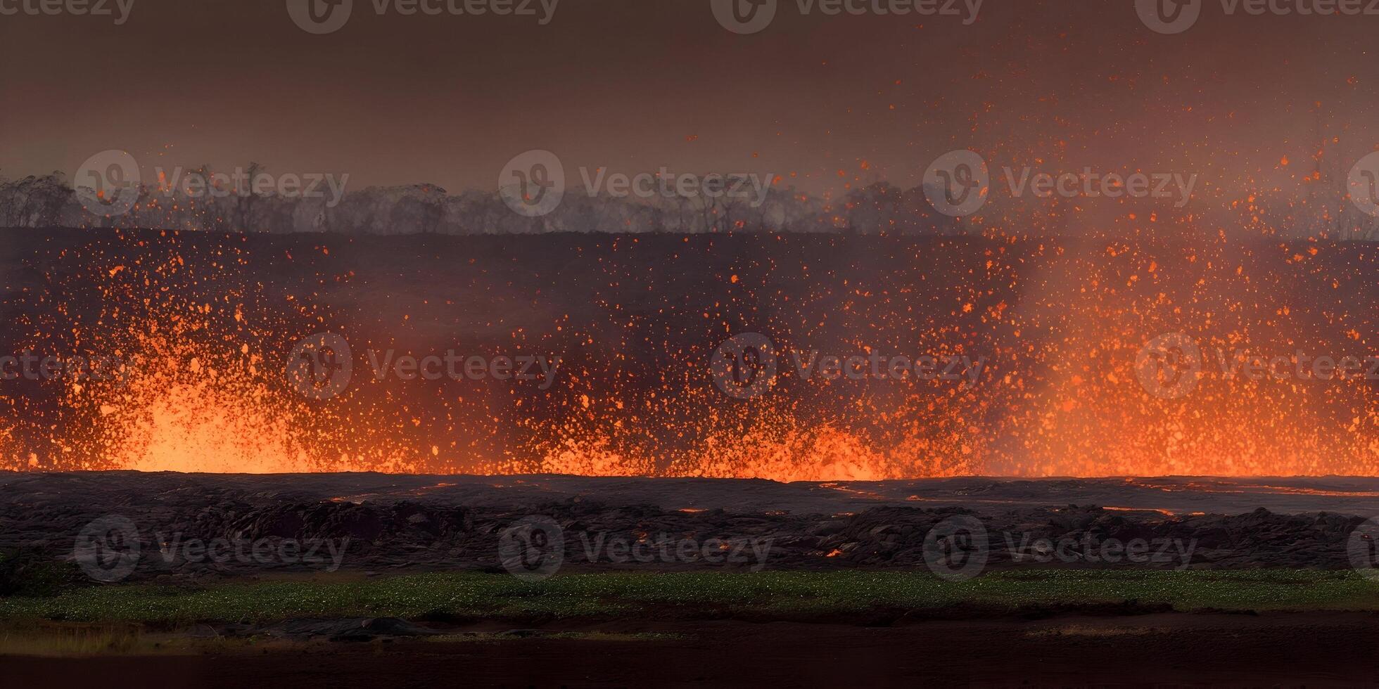 Volcanic Eruption Lava Flow with Sparks and Trees photo
