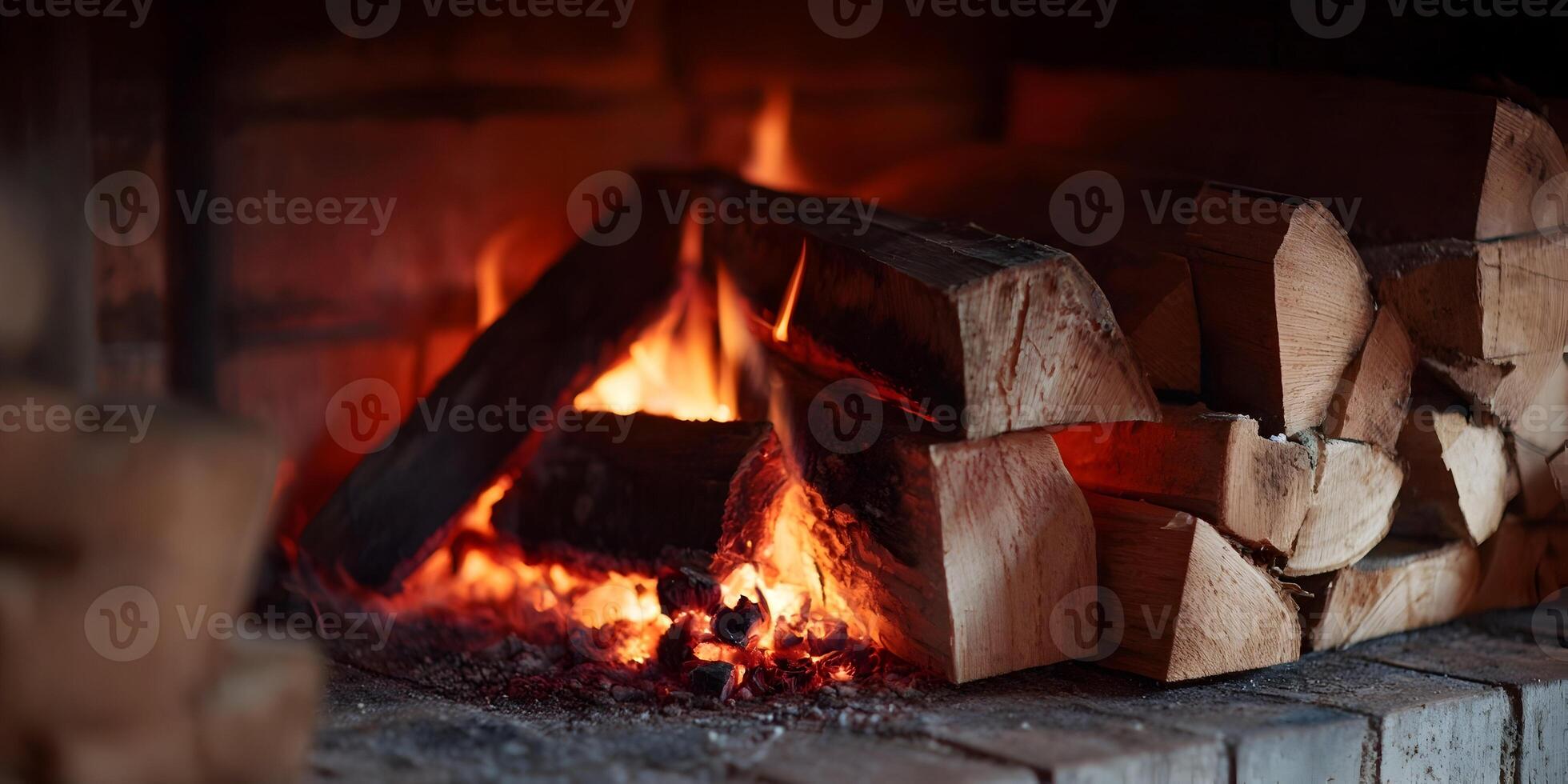 Burning Firewood in Brick Fireplace Closeup photo