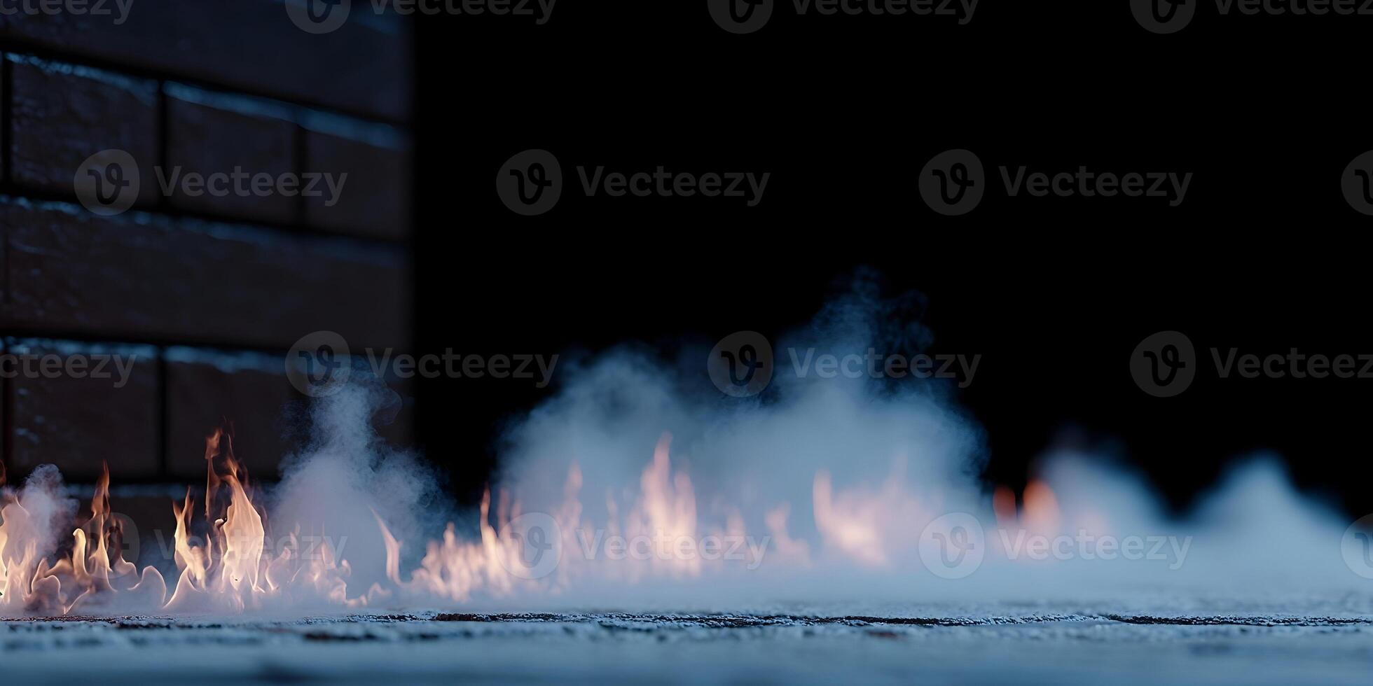 Ground Fire with Smoke and Brick Wall Background photo