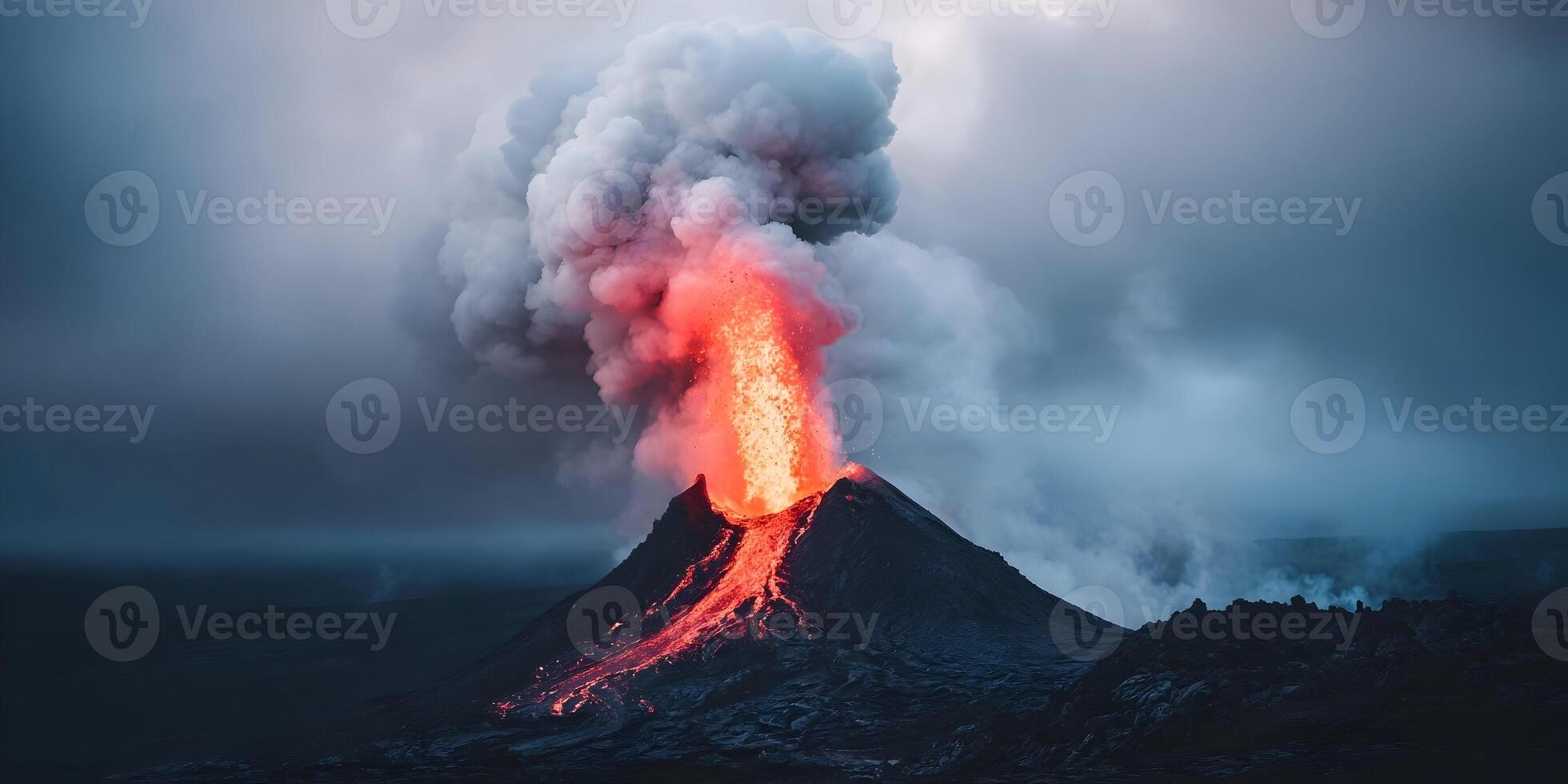 Erupting Volcano with Lava and Smoke Dramatic Volcanic Eruption Fiery Magma Flowing Down Mountainside photo