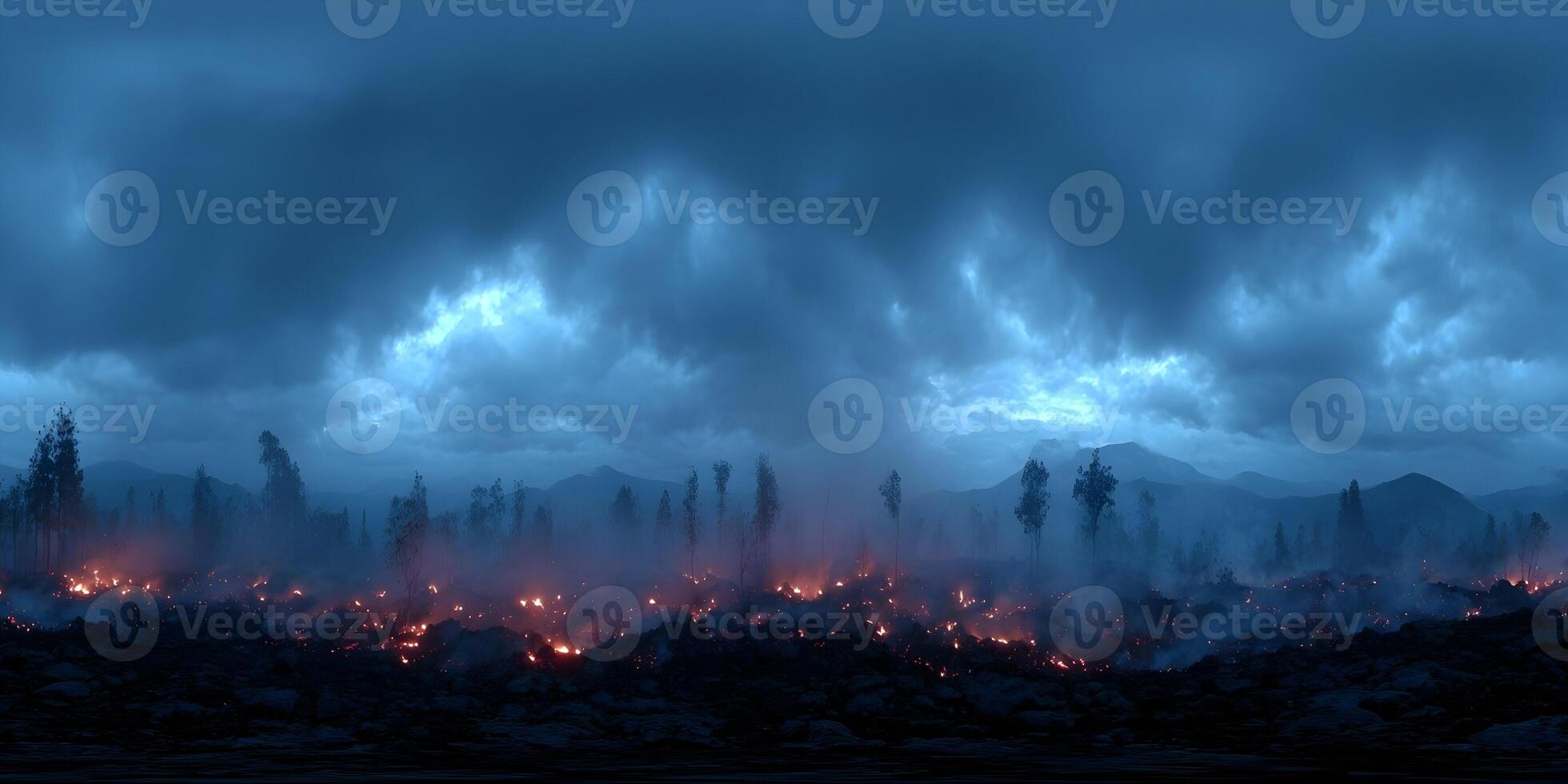 Night Forest Fire Landscape Burning Trees Dark Smoky Sky Mountains Background photo