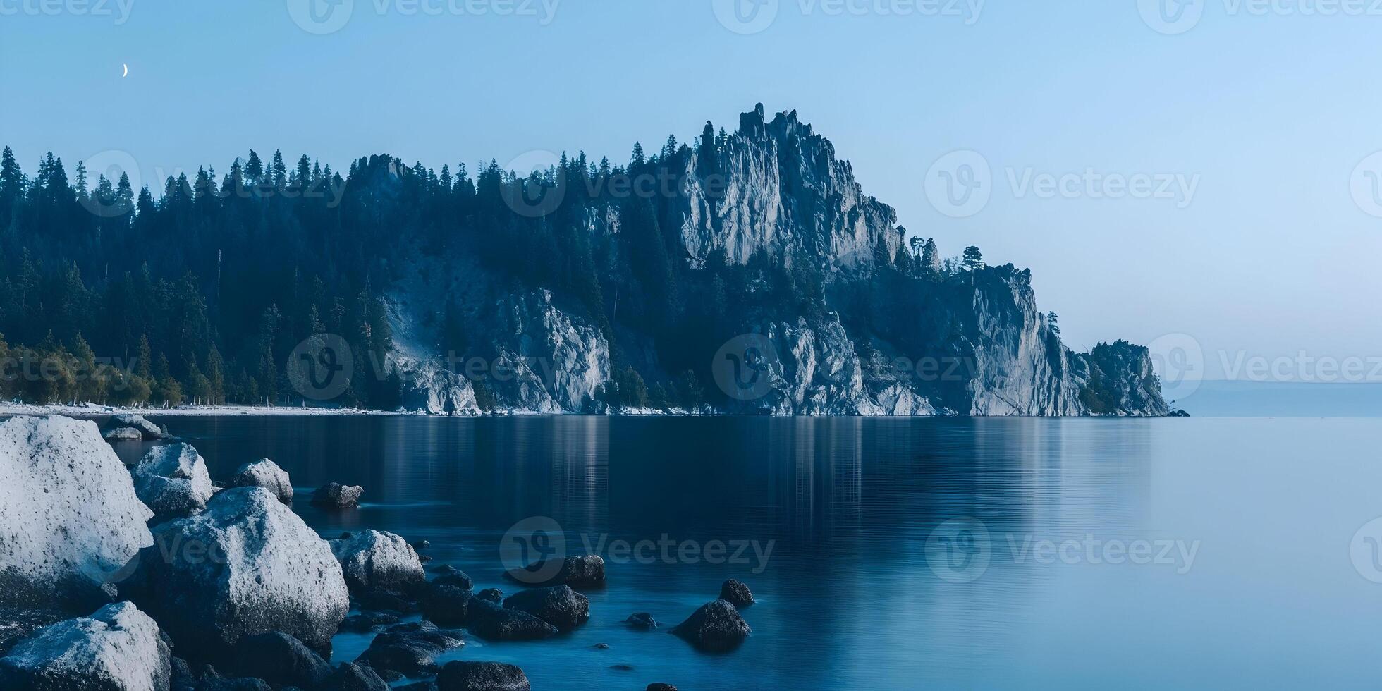 Lake Tahoe Rocky Shore Serenity Calm Water Moon Night Dark Blue photo