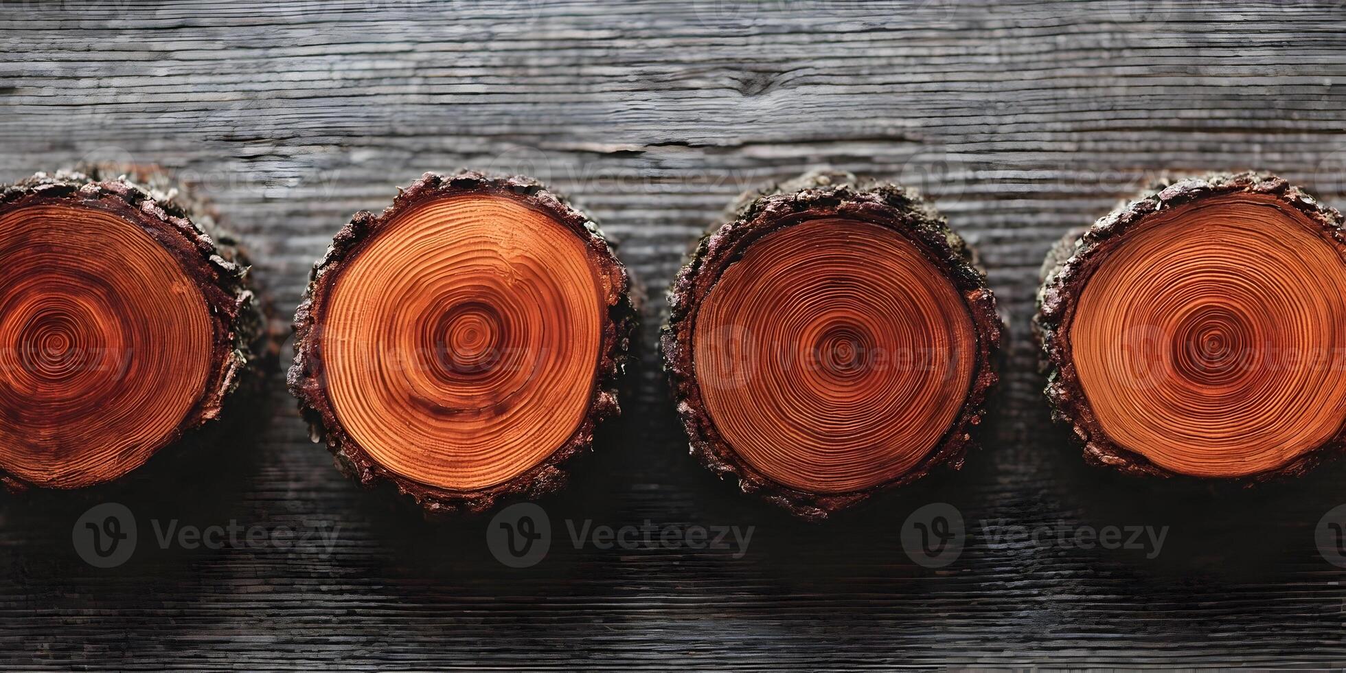 Four Tree Round Cut Wood Slabs on Gray Wooden Background photo