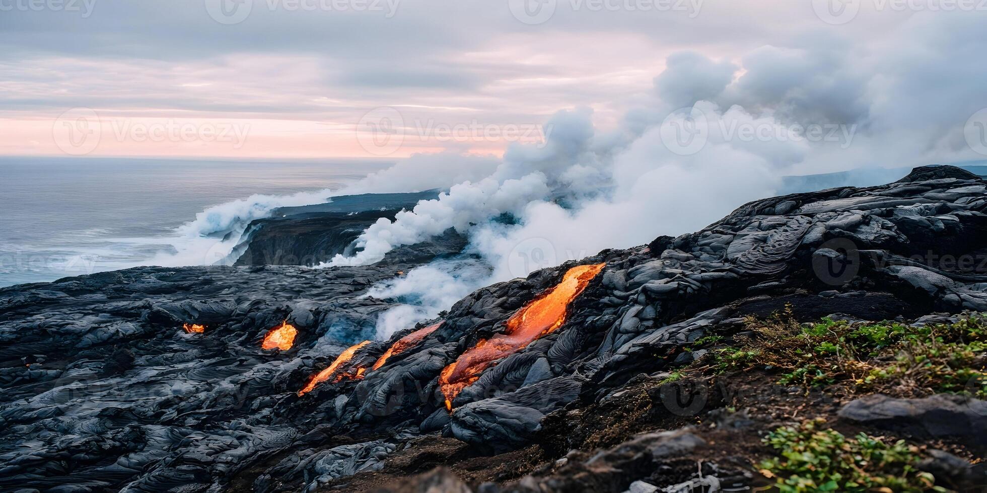 Ocean Waves Crashing Against Volcanic Lava Flow with Smoke photo