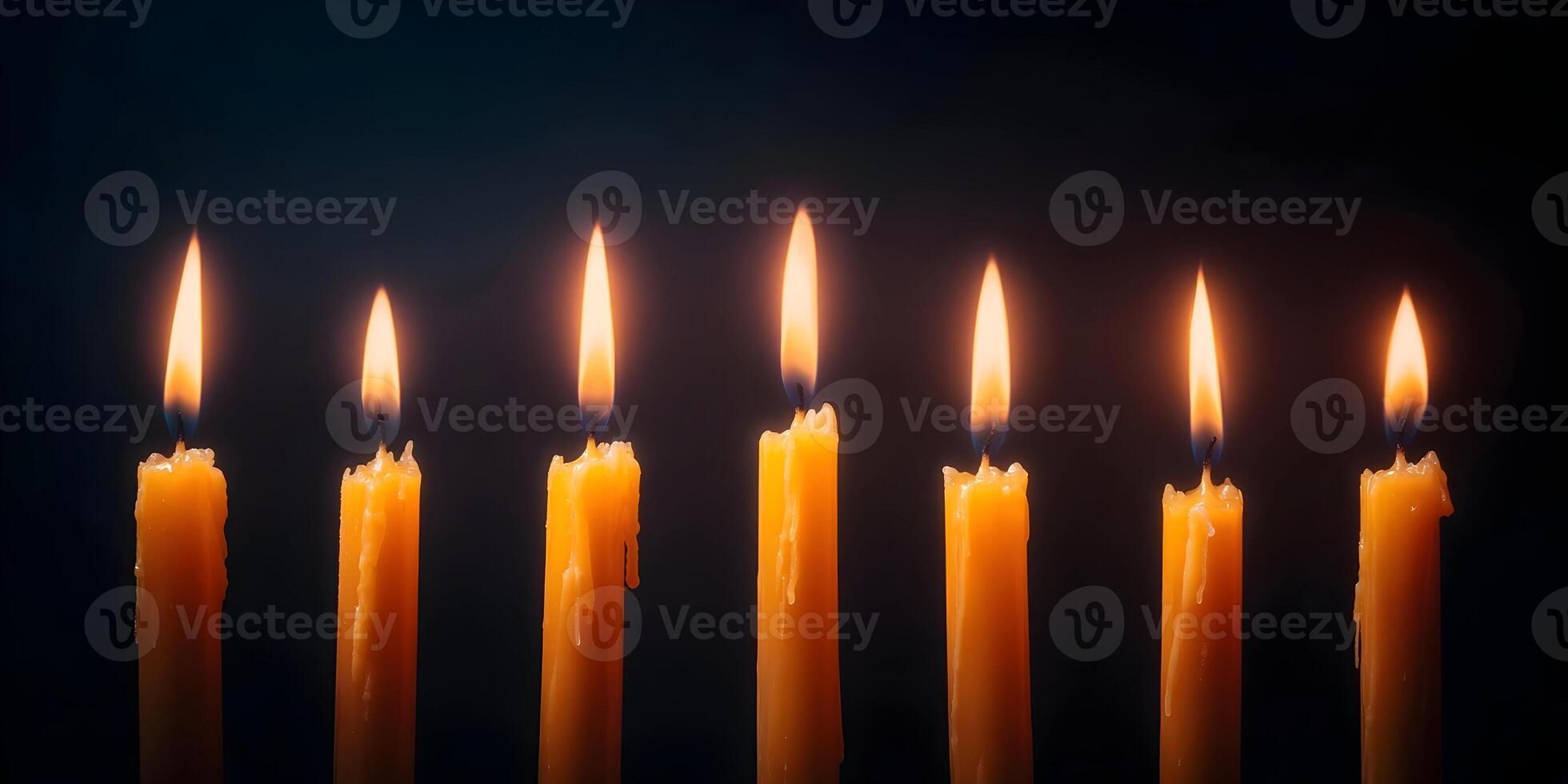 Seven Burning Yellow Candles Dark Background Row Illumination Still Life photo