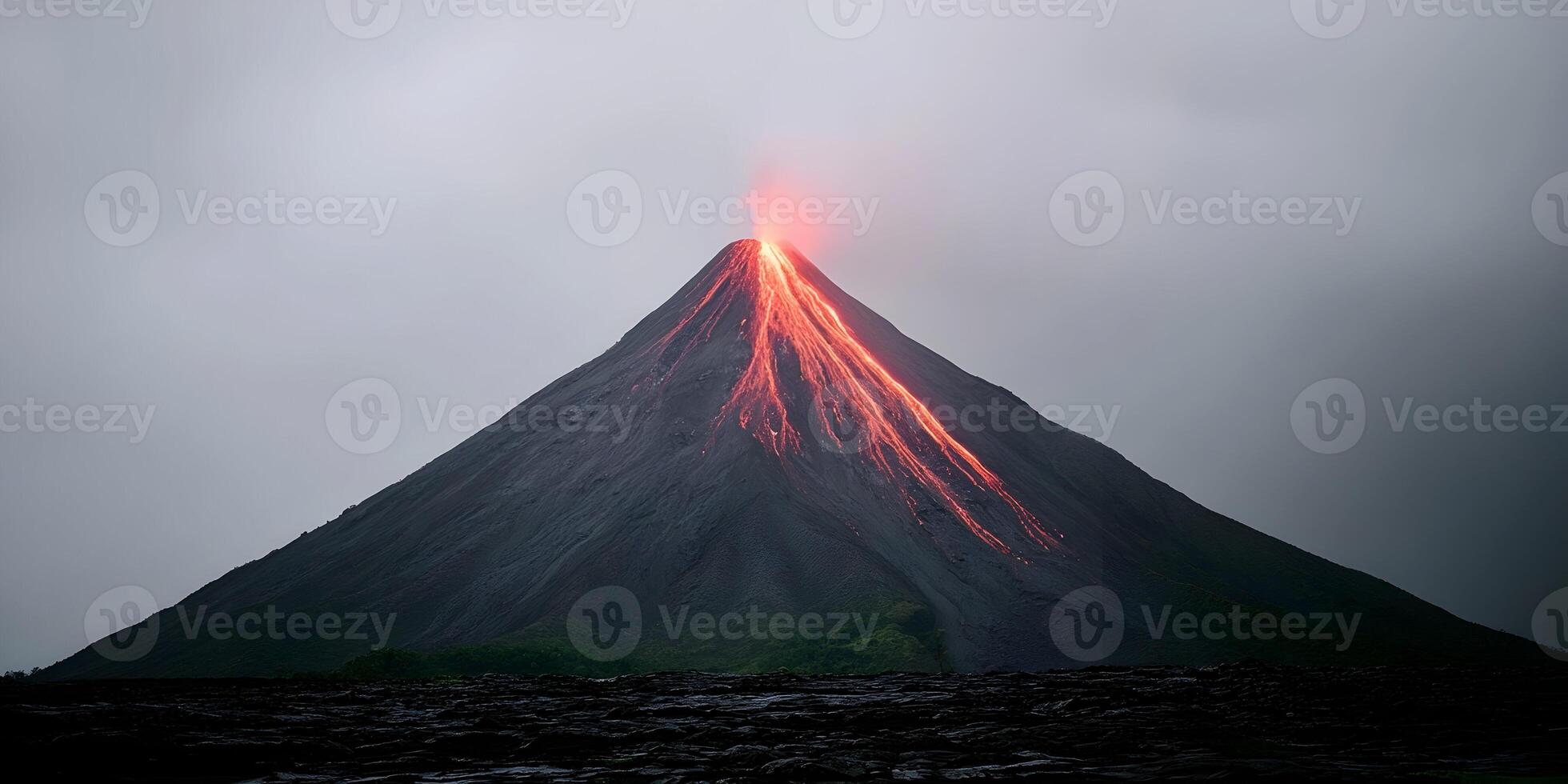 Erupting Volcano Lava Flowing Down Mountainside Dark Grey Volcanic Rock Dramatic Landscape photo
