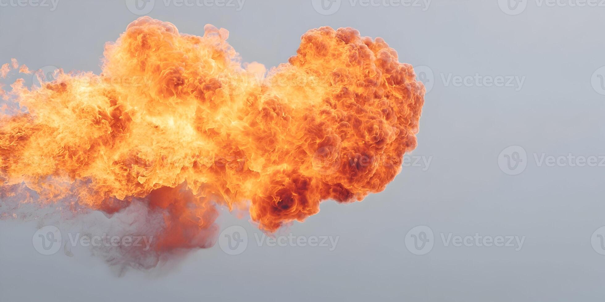 Large Fireball Explosion Burning Orange Flames Smoke Grey Background photo